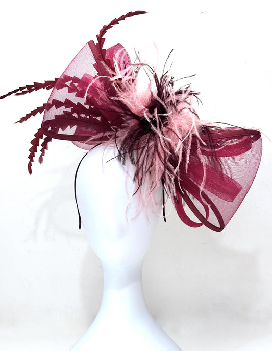 Burgundy Bow Fascinator Headband, Red Wine Pink Feather Headband Fascinator, Feather Headband, Wedding Fascinate Headband,Custom Feather Bow