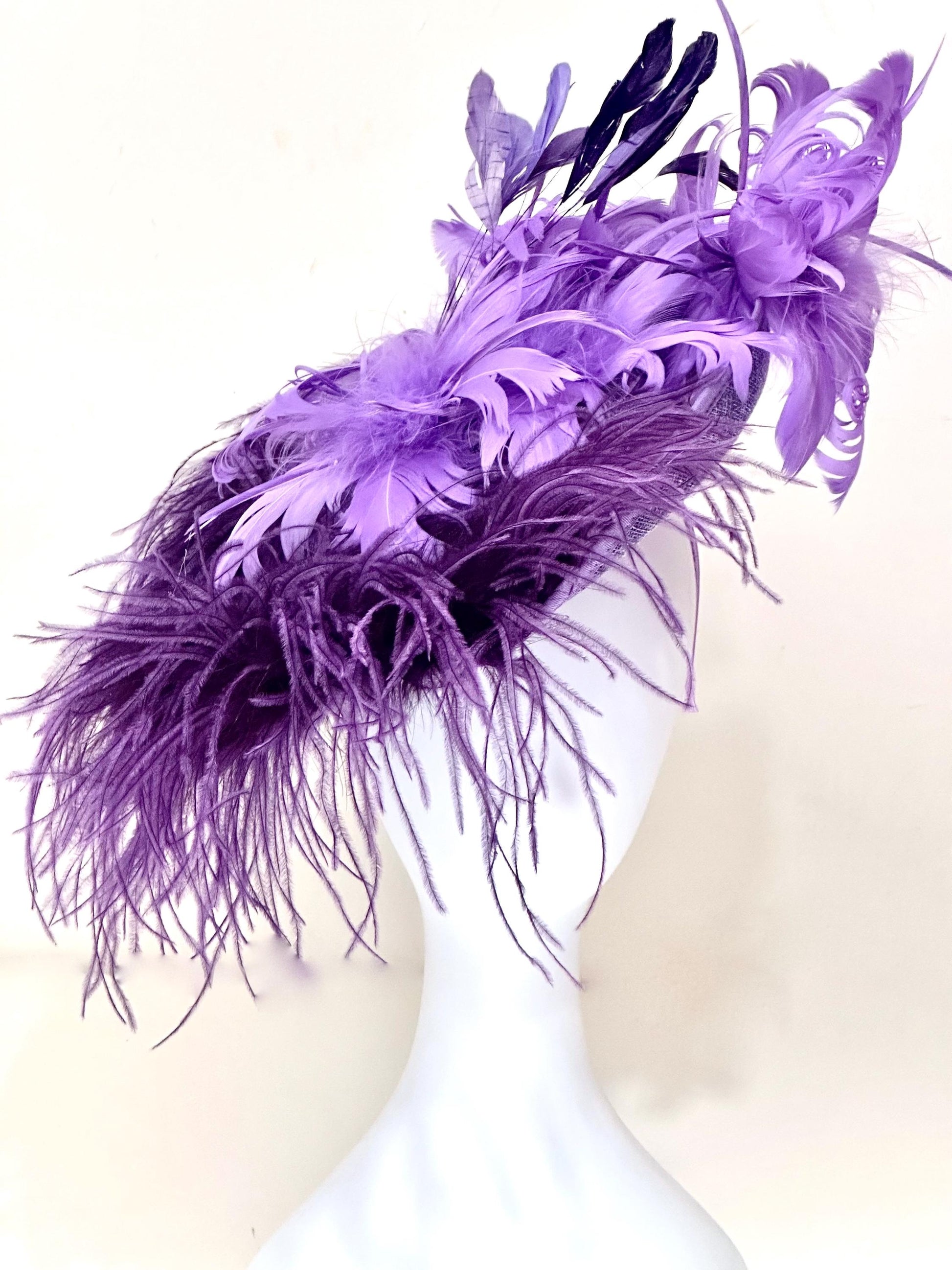 Purple Lavender Lilac Feather Fascinate Hat, Church Derby Fascinator Hat, Garden Tea Party Hat, Feather Fascinate Hat, Wedding Fascinate