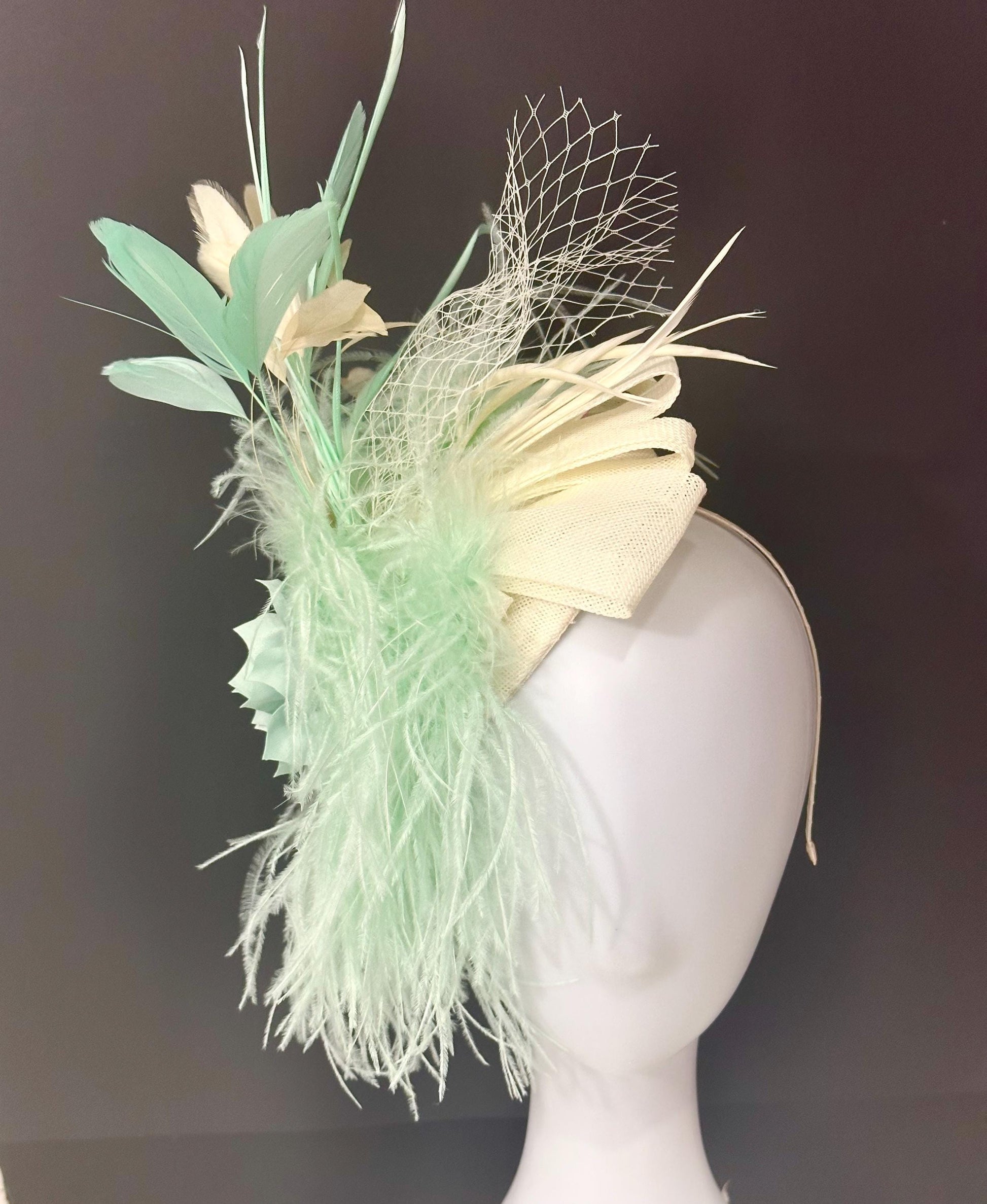 Wedding Fascinator Hat, Mint Fascinator Hat, Pale Mint Feather Hat Fascinator Headband,Church Hat,Tea Party Hat Fascinate, Custom Derby Hat