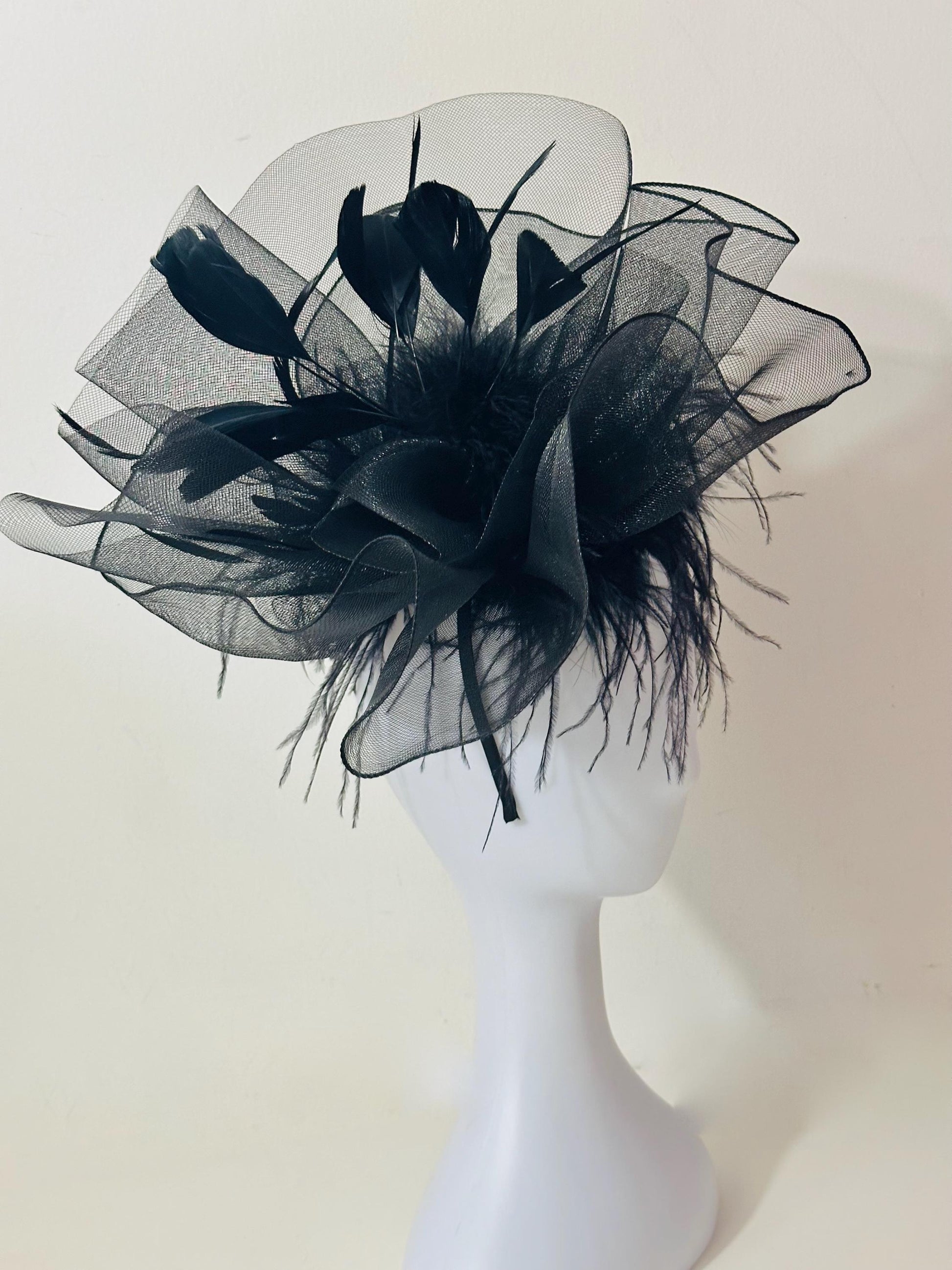 Black Fascinator Hat, Halloween Hat Headband, Black Feather Hat Fascinator, Black Ostrich Feather Hat, Church Wedding Fascinate, Feather Hat