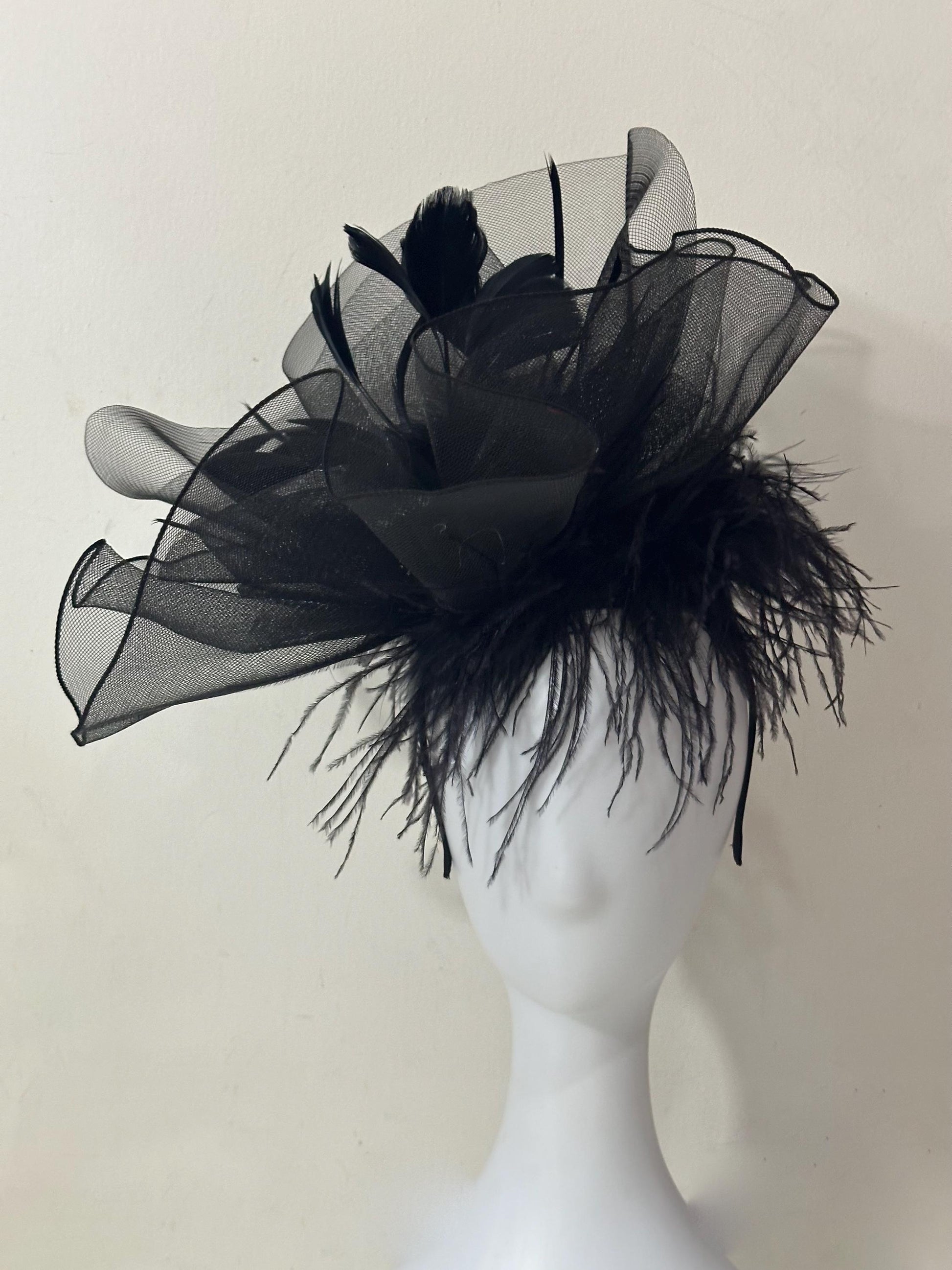 Black Fascinator Hat, Halloween Hat Headband, Black Feather Hat Fascinator, Black Ostrich Feather Hat, Church Wedding Fascinate, Feather Hat