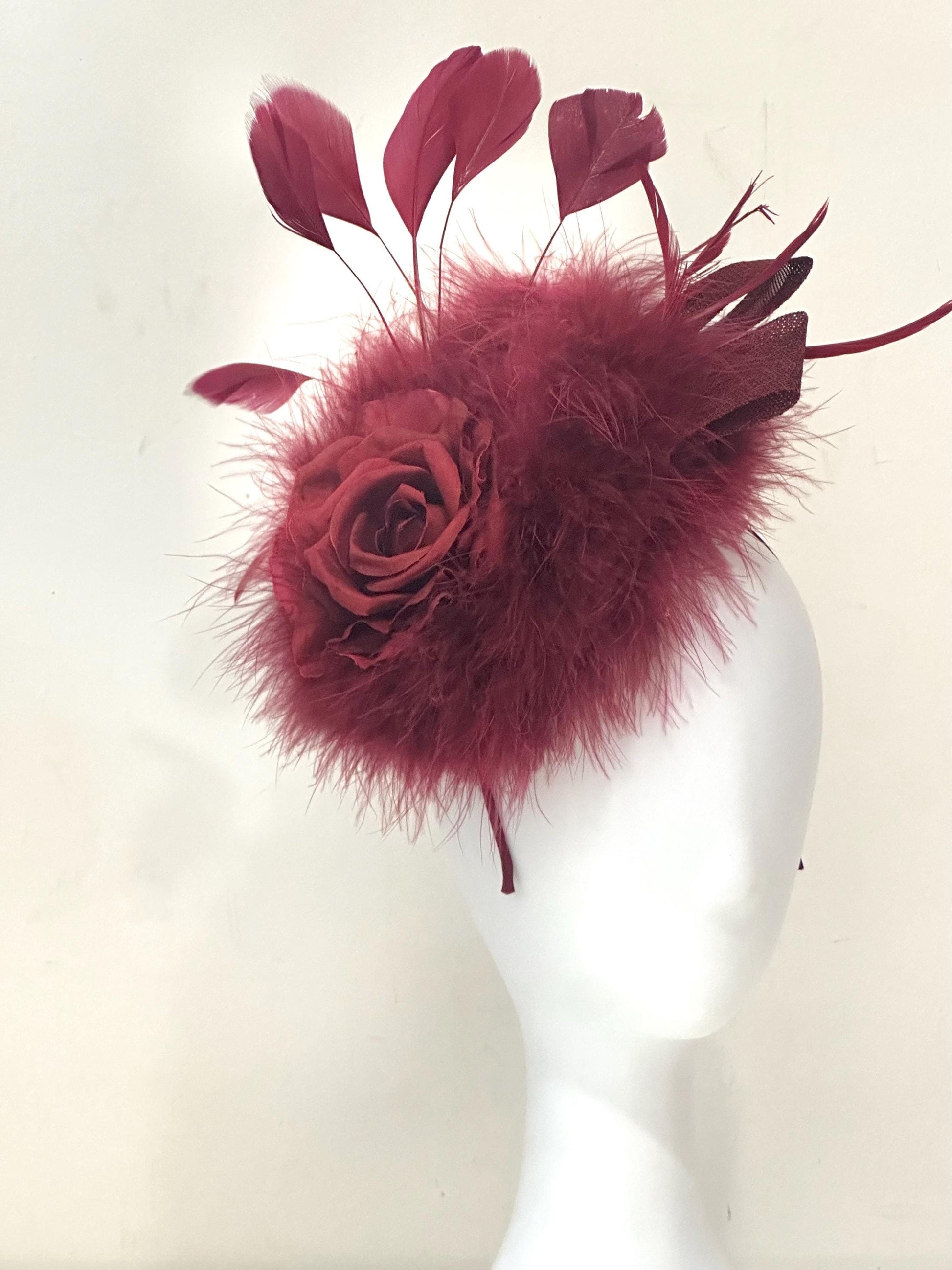 Burgundy Fascinator Hat, Deep Red Wine Fascinate Hat, Church Wedding Fascinate, Christmas Fascinate Headband Hat, Burgundy Wine Feather Hat