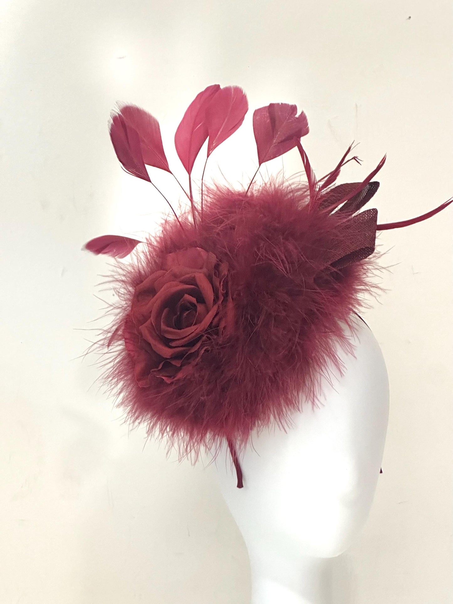 Burgundy Fascinator Hat, Deep Red Wine Fascinate Hat, Church Wedding Fascinate, Christmas Fascinate Headband Hat, Burgundy Wine Feather Hat