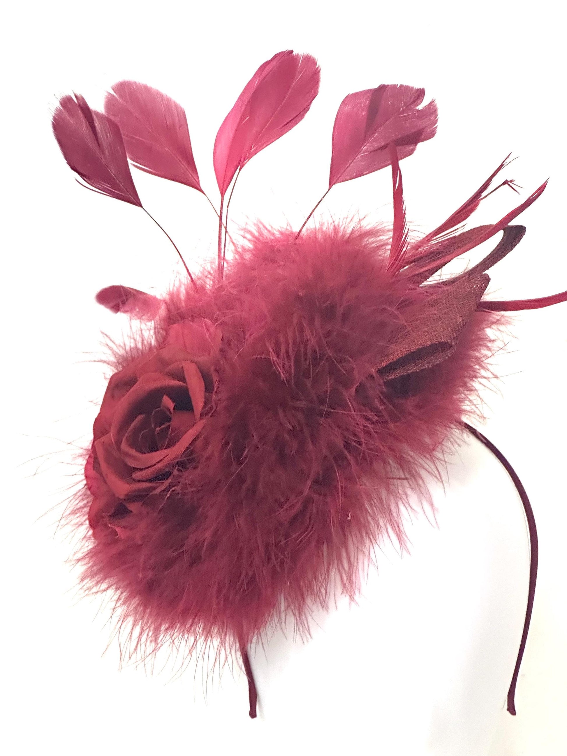 Burgundy Fascinator Hat, Deep Red Wine Fascinate Hat, Church Wedding Fascinate, Christmas Fascinate Headband Hat, Burgundy Wine Feather Hat