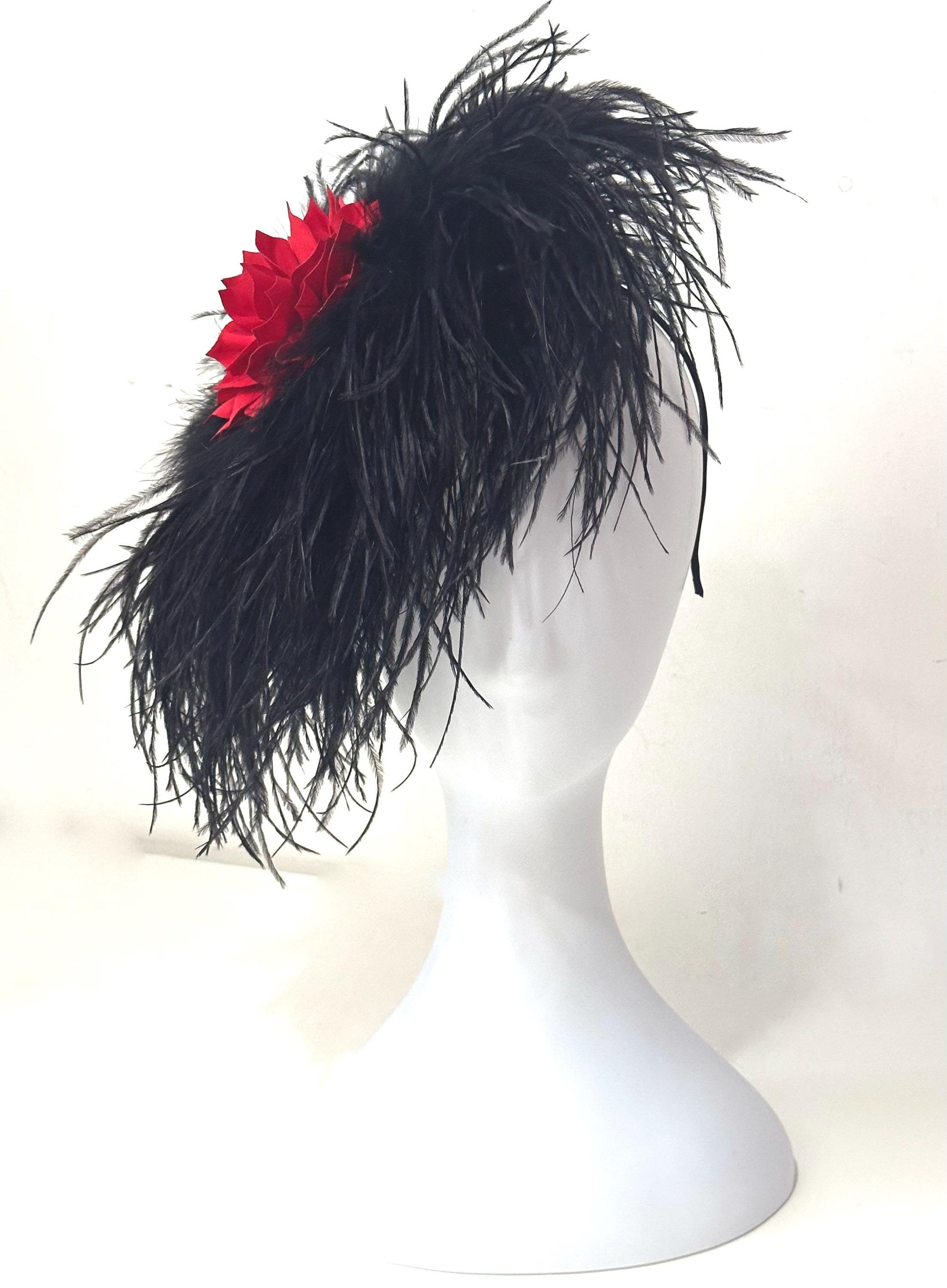 Black and Red Flower  Feather Headband Fascinator