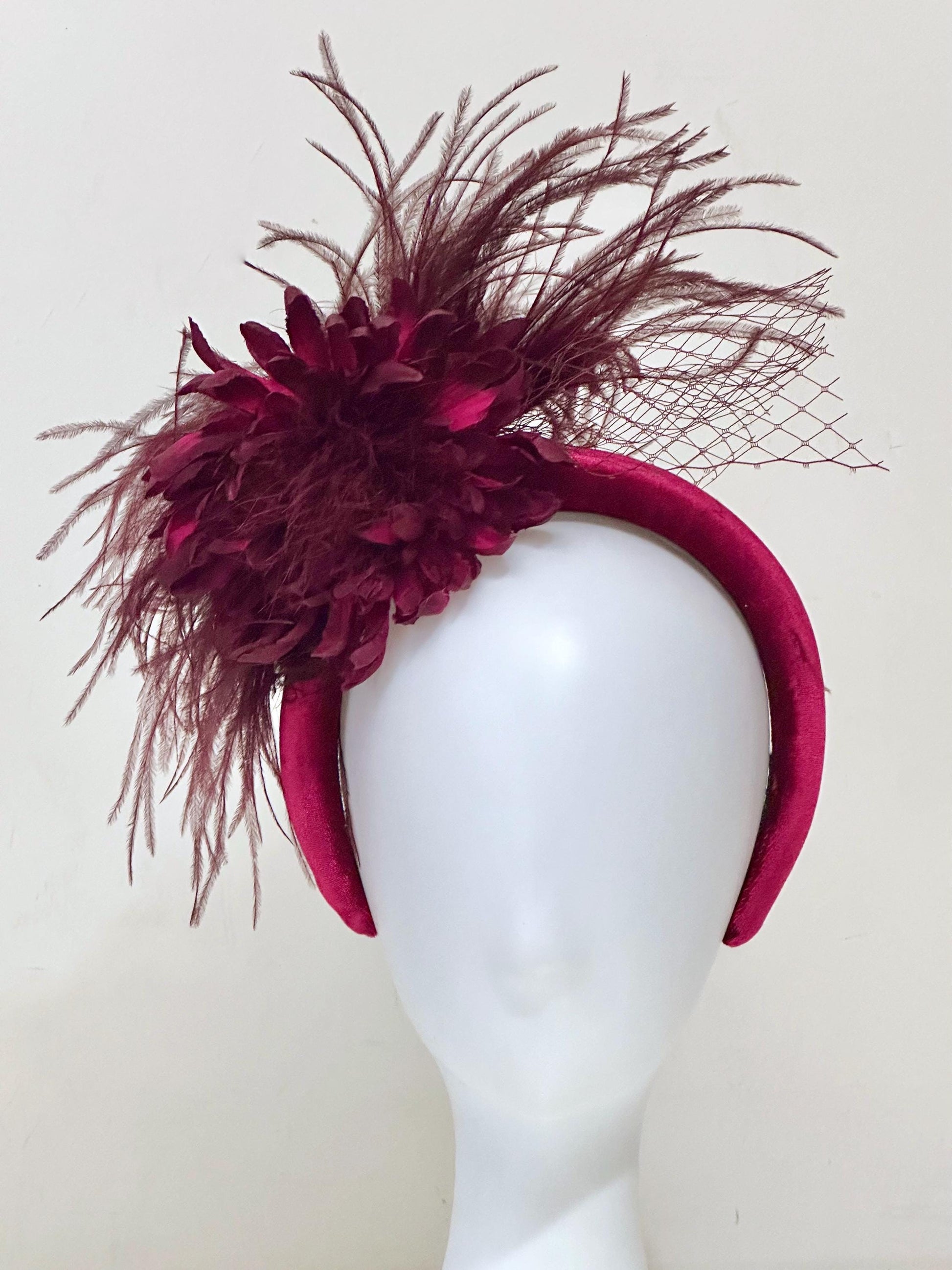 Burgundy Fascinator Hat, Feather Headband, Dark Red Wine Velvet Padded Headband,Wedding Fascinate, Burgundy Red Wine Church Derby Hat