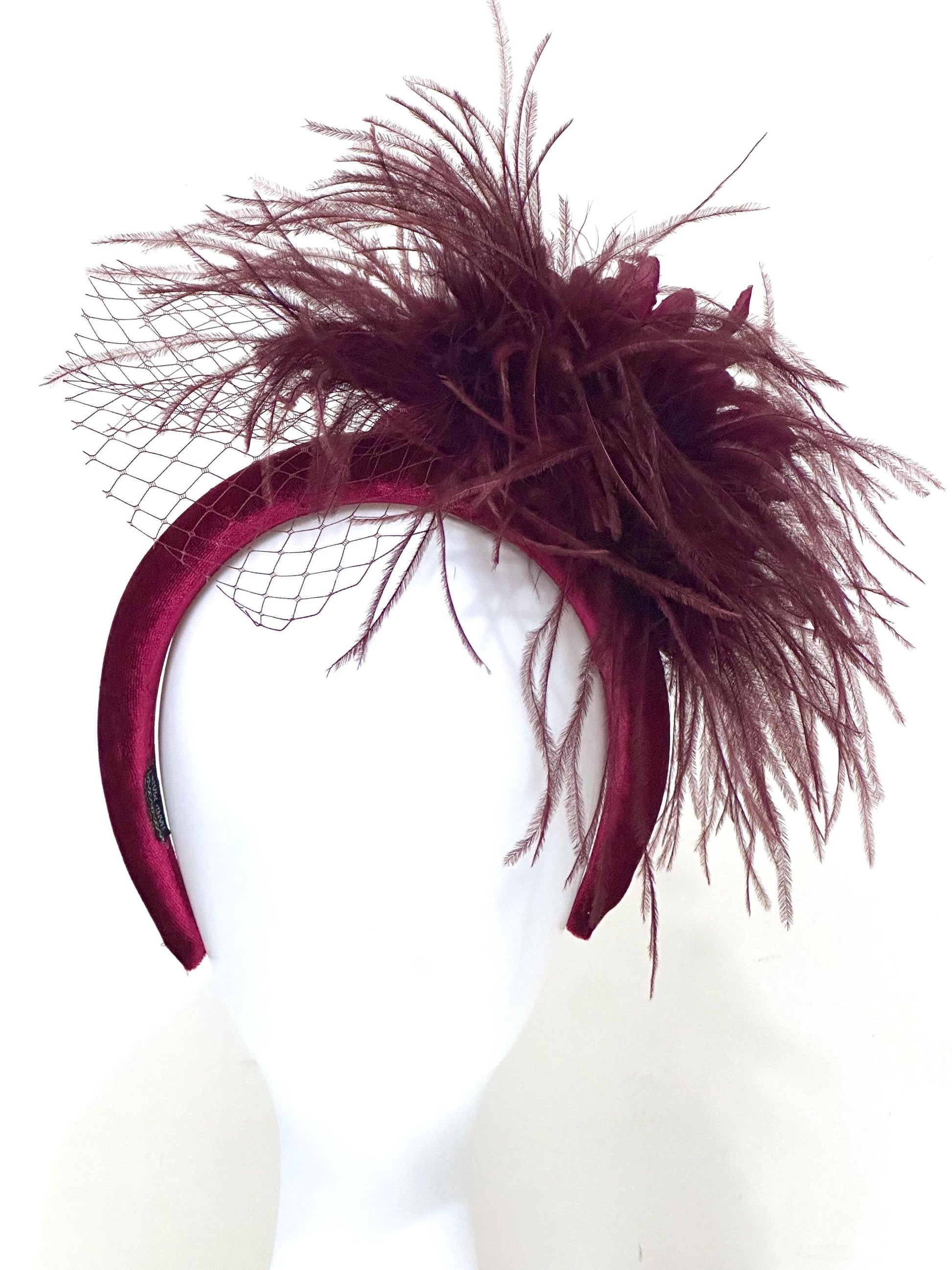 Burgundy Fascinator Hat, Feather Headband, Dark Red Wine Velvet Padded Headband,Wedding Fascinate, Burgundy Red Wine Church Derby Hat