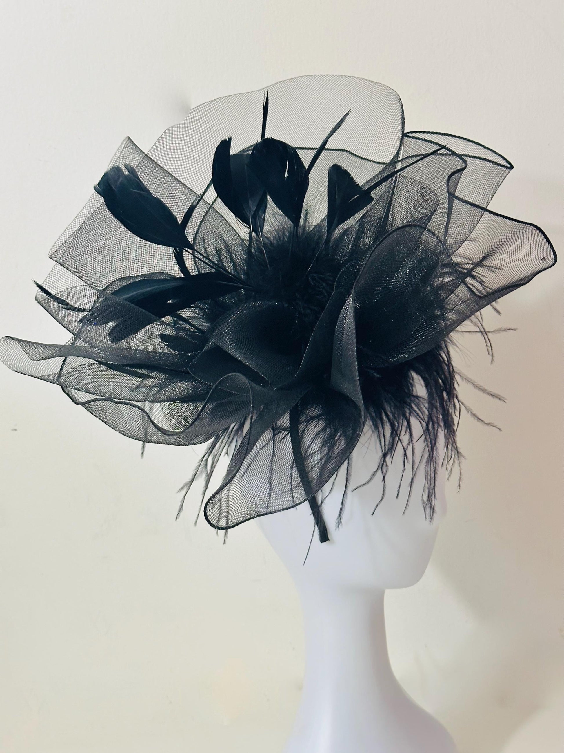 Black Fascinator Hat, Halloween Hat Headband, Black Feather Hat Fascinator, Black Ostrich Feather Hat, Church Wedding Fascinate, Feather Hat