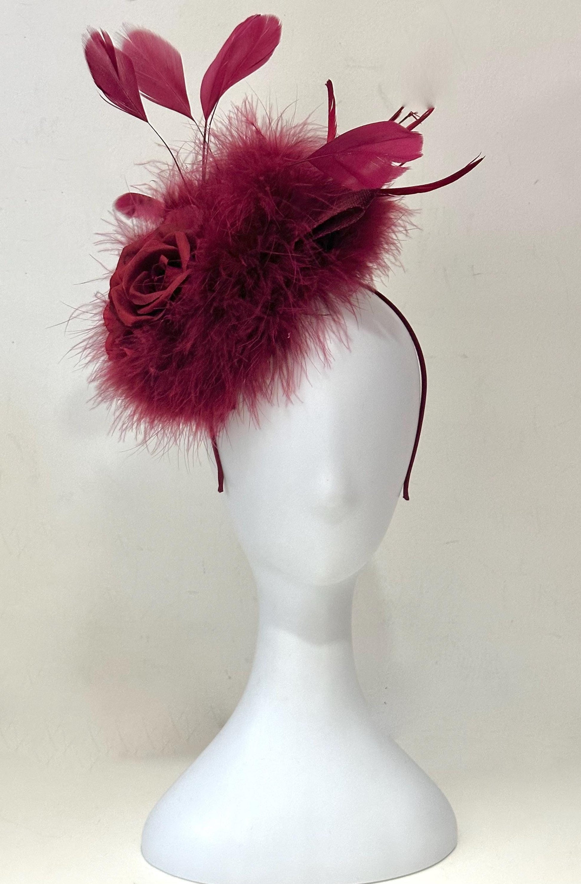 Burgundy Fascinator Hat, Deep Red Wine Fascinate Hat, Church Wedding Fascinate, Christmas Fascinate Headband Hat, Burgundy Wine Feather Hat