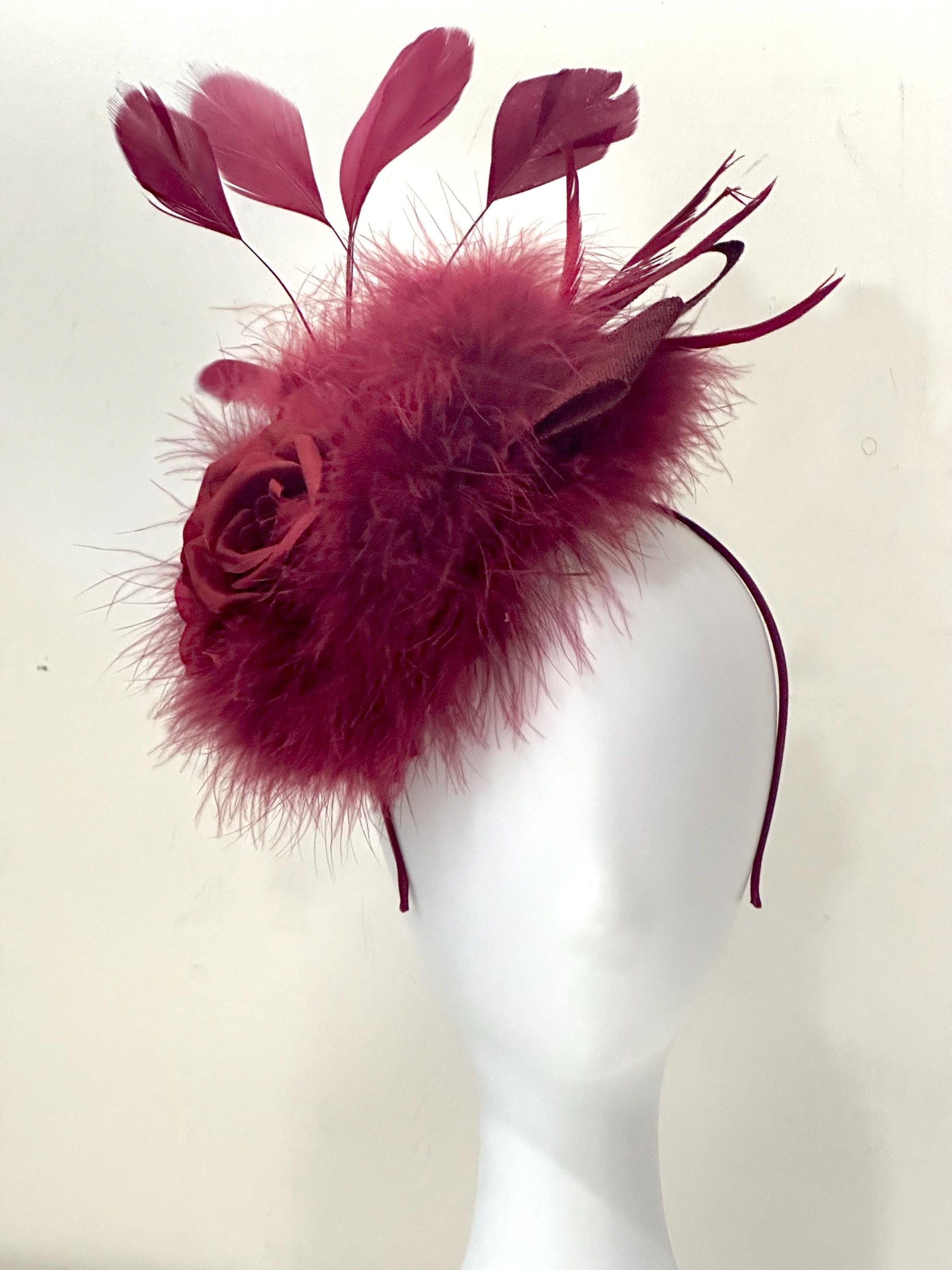 Burgundy Fascinator Hat, Deep Red Wine Fascinate Hat, Church Wedding Fascinate, Christmas Fascinate Headband Hat, Burgundy Wine Feather Hat