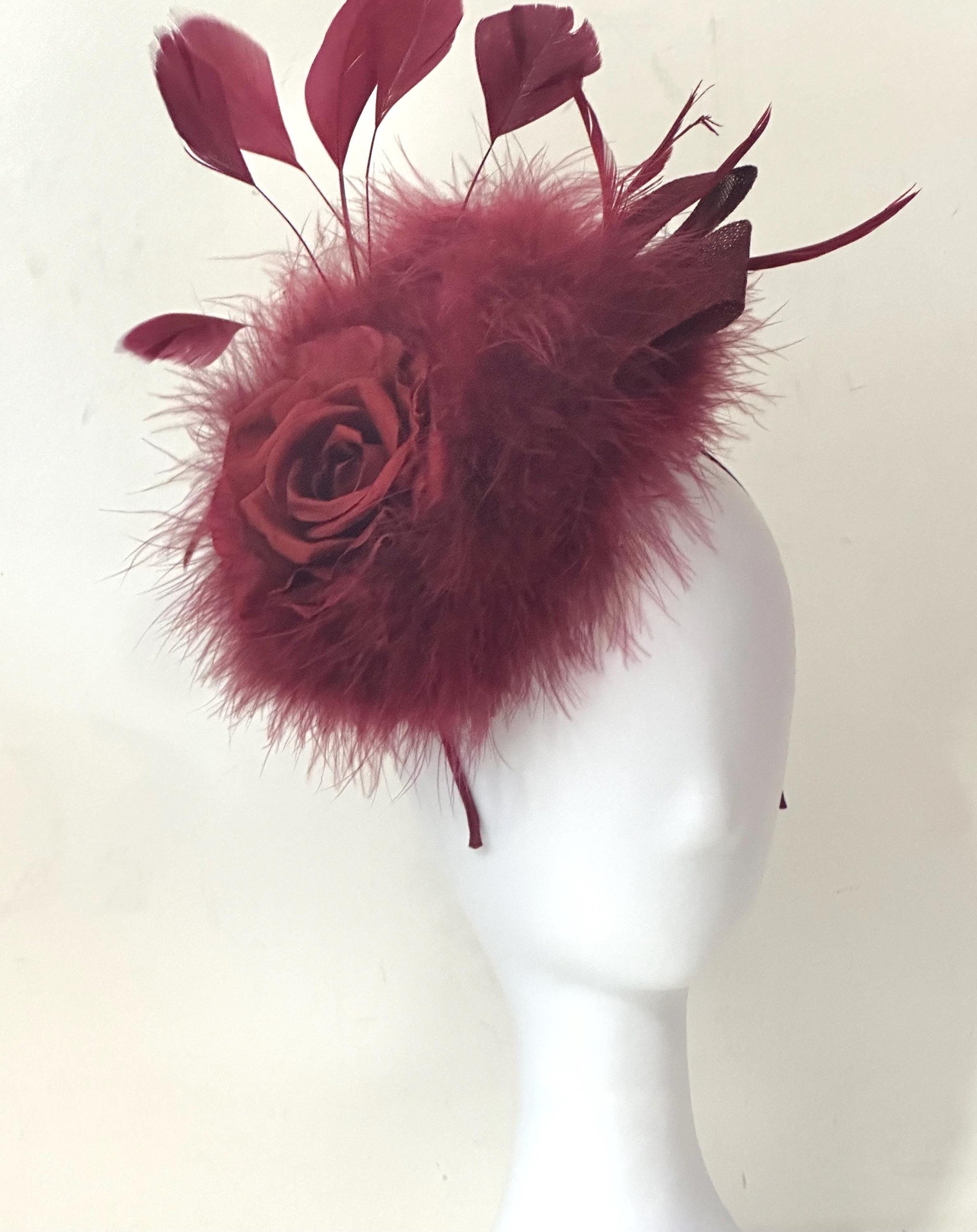 Burgundy Fascinator Hat, Deep Red Wine Fascinate Hat, Church Wedding Fascinate, Christmas Fascinate Headband Hat, Burgundy Wine Feather Hat