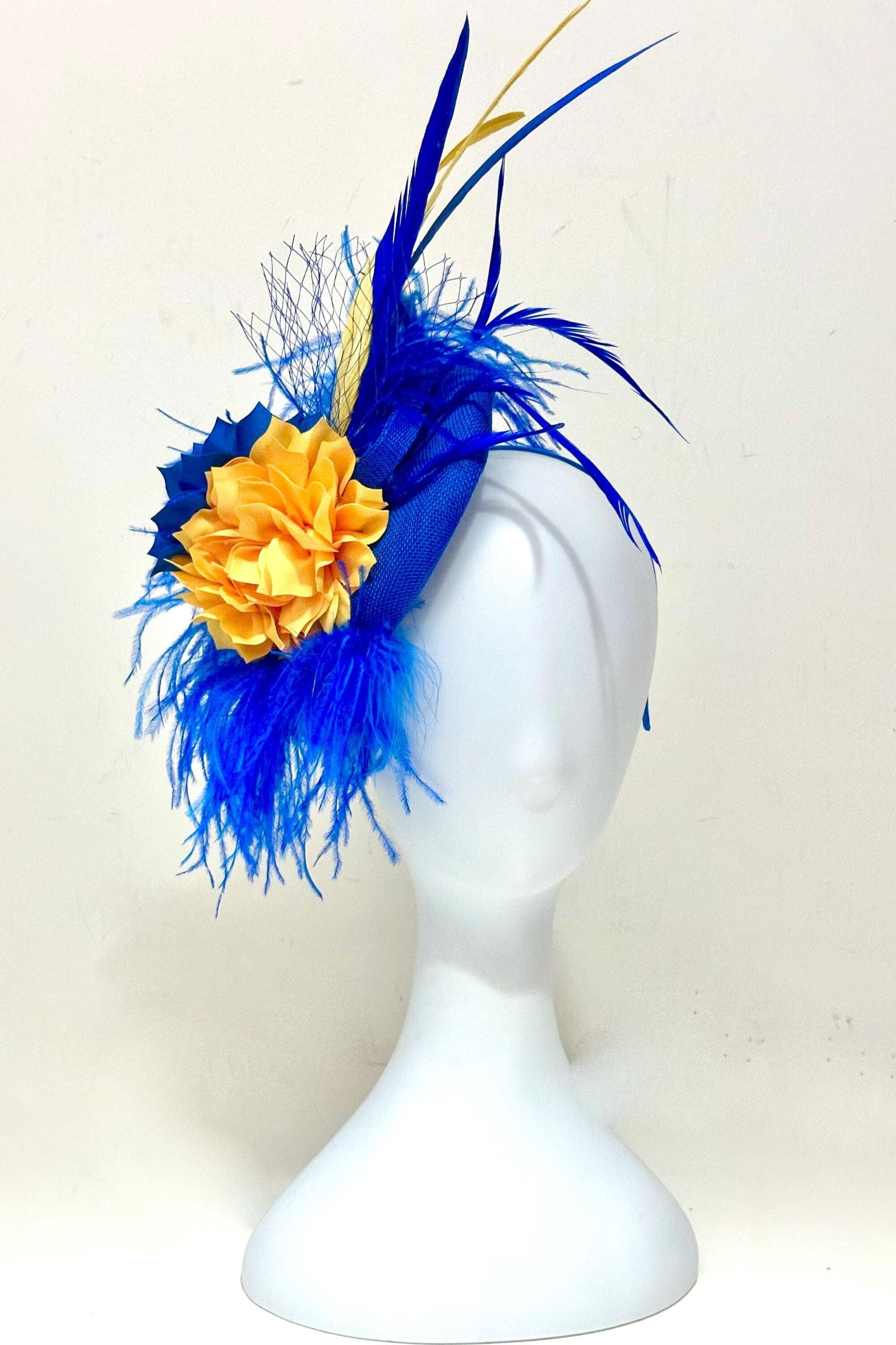 Royal Blue Gold Feather  Fascinator Hat