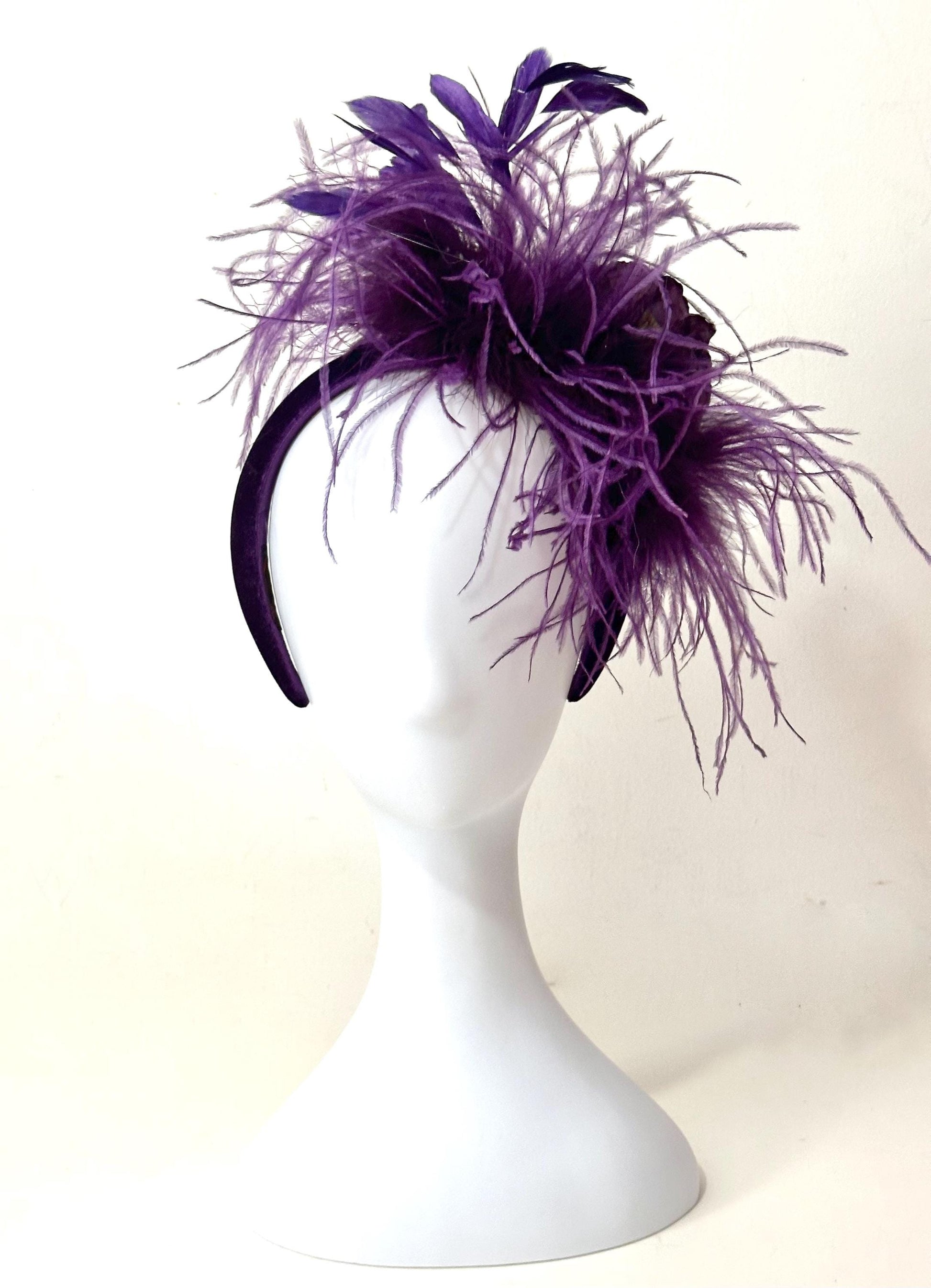 Purple Fascinator Hat, Purple Feather Headband, Wedding Fascinate, Church Hat, Derby Fascinate for Women,Custom Feather Flower Veil Headband