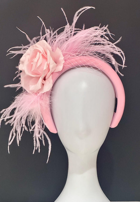 Pink Fascinator Hat, Bespoke Feather Headband, Hot Pink Pink Bridal Veil Flower Feather Fascinator Headband, Church Wedding Fascinate Hat