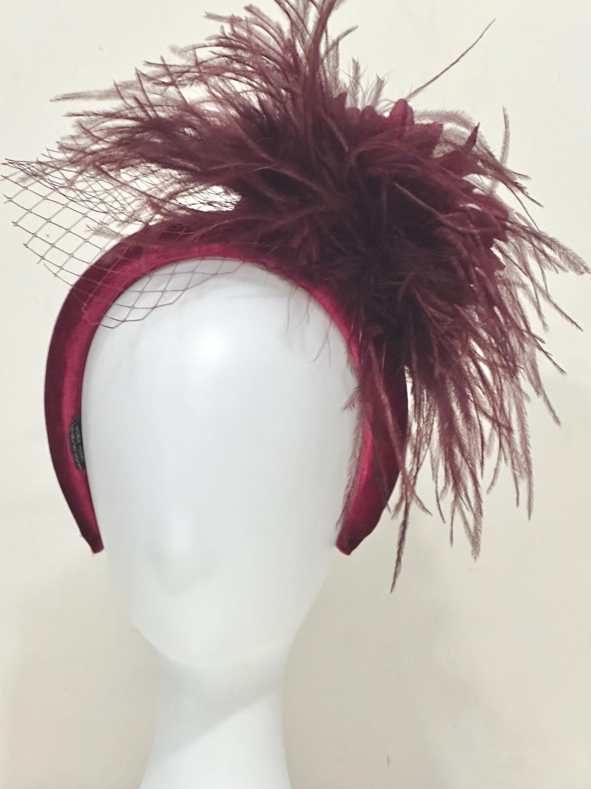 Burgundy Fascinator Hat, Feather Headband, Dark Red Wine Velvet Padded Headband,Wedding Fascinate, Burgundy Red Wine Church Derby Hat