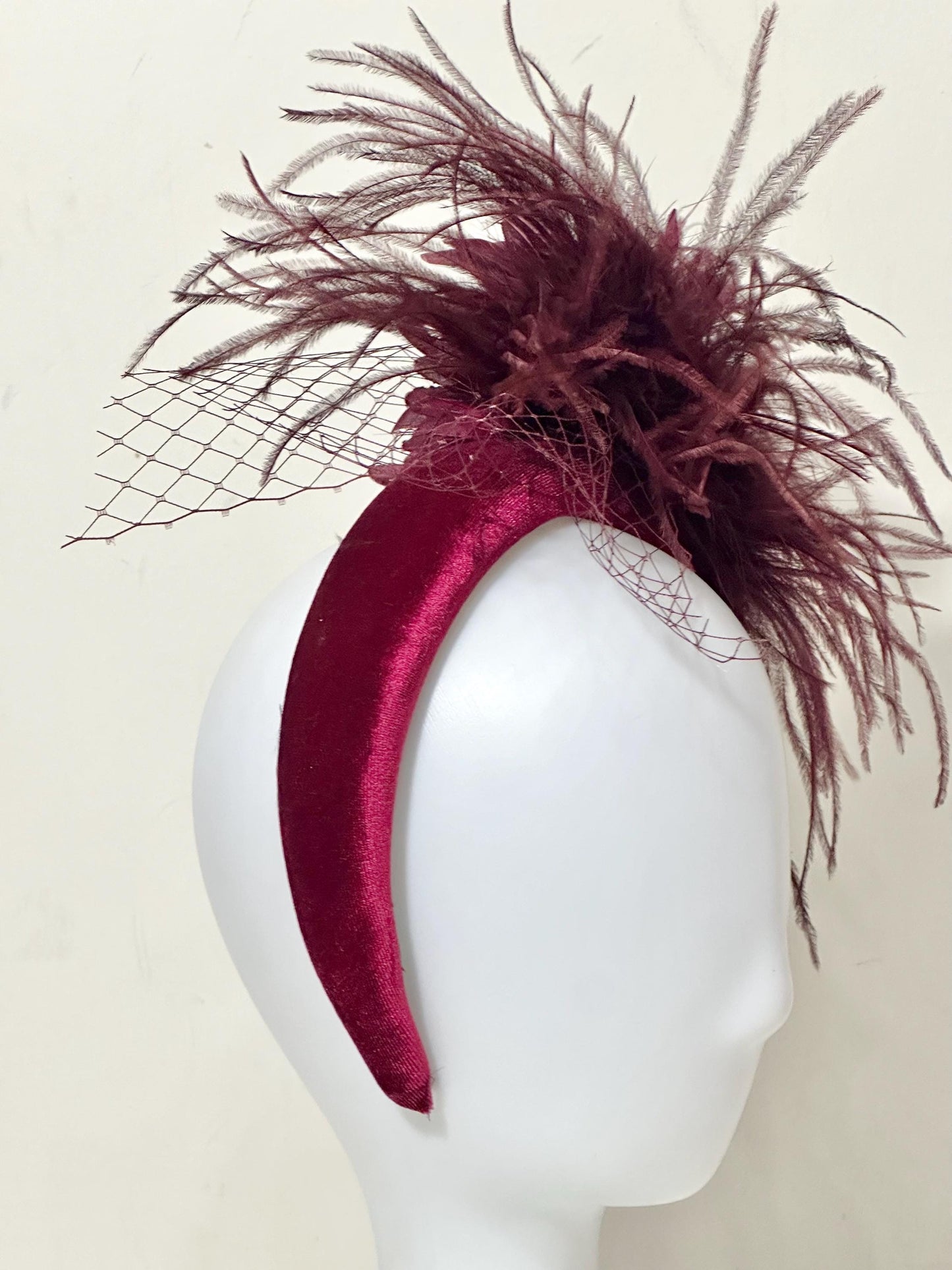 Burgundy Fascinator Hat, Feather Headband, Dark Red Wine Velvet Padded Headband,Wedding Fascinate, Burgundy Red Wine Church Derby Hat