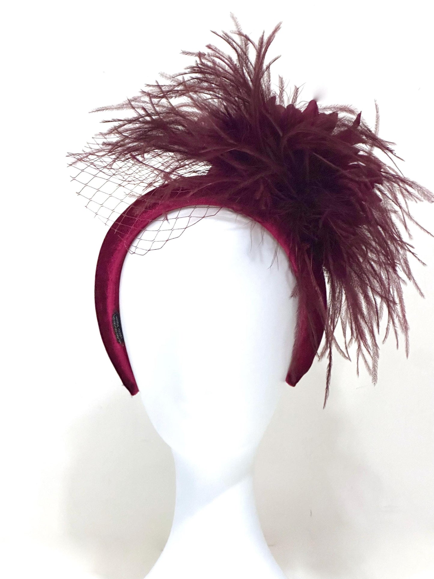 Burgundy Fascinator Hat, Feather Headband, Dark Red Wine Velvet Padded Headband,Wedding Fascinate, Burgundy Red Wine Church Derby Hat