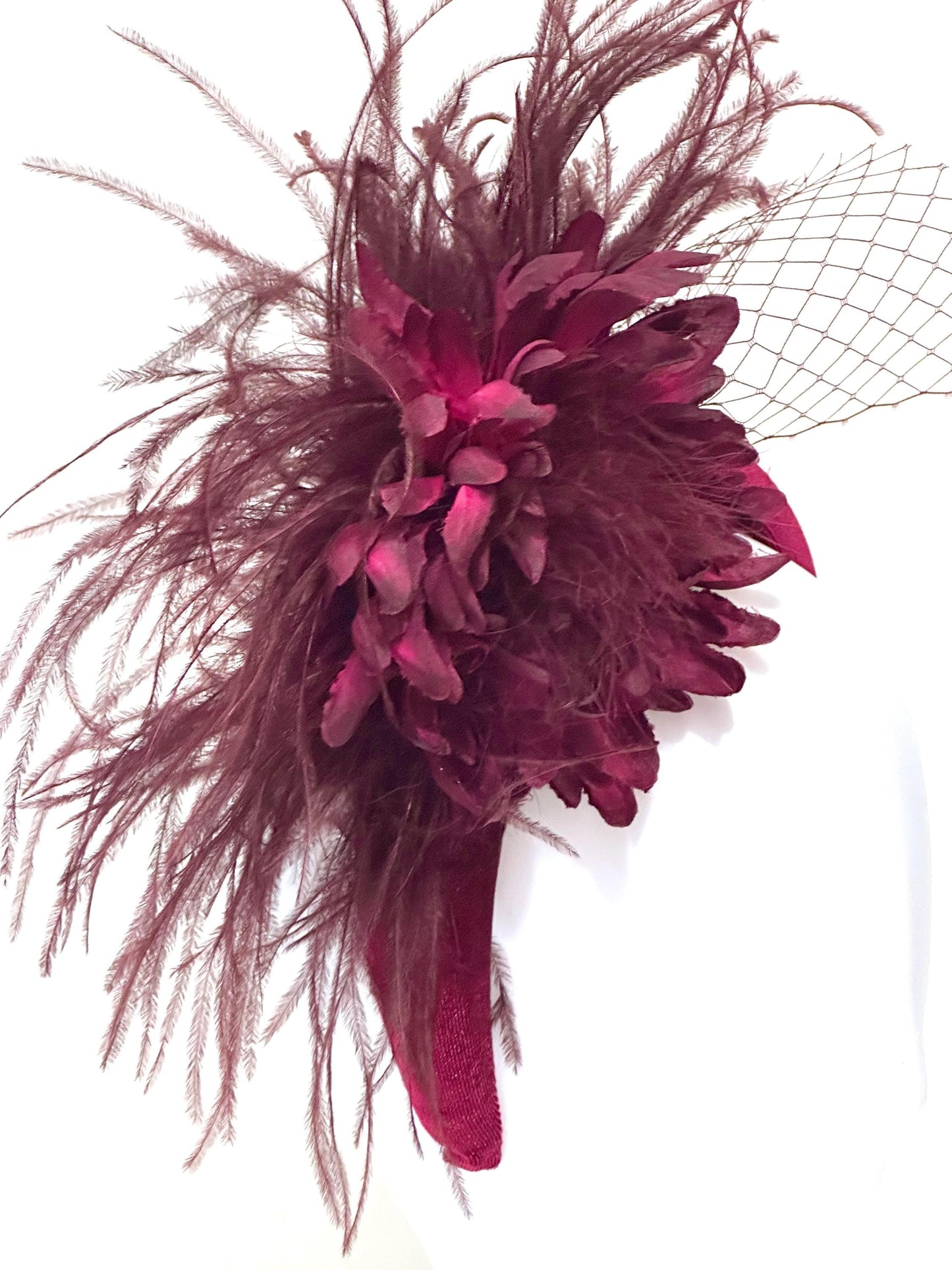 Burgundy Fascinator Hat, Feather Headband, Dark Red Wine Velvet Padded Headband,Wedding Fascinate, Burgundy Red Wine Church Derby Hat