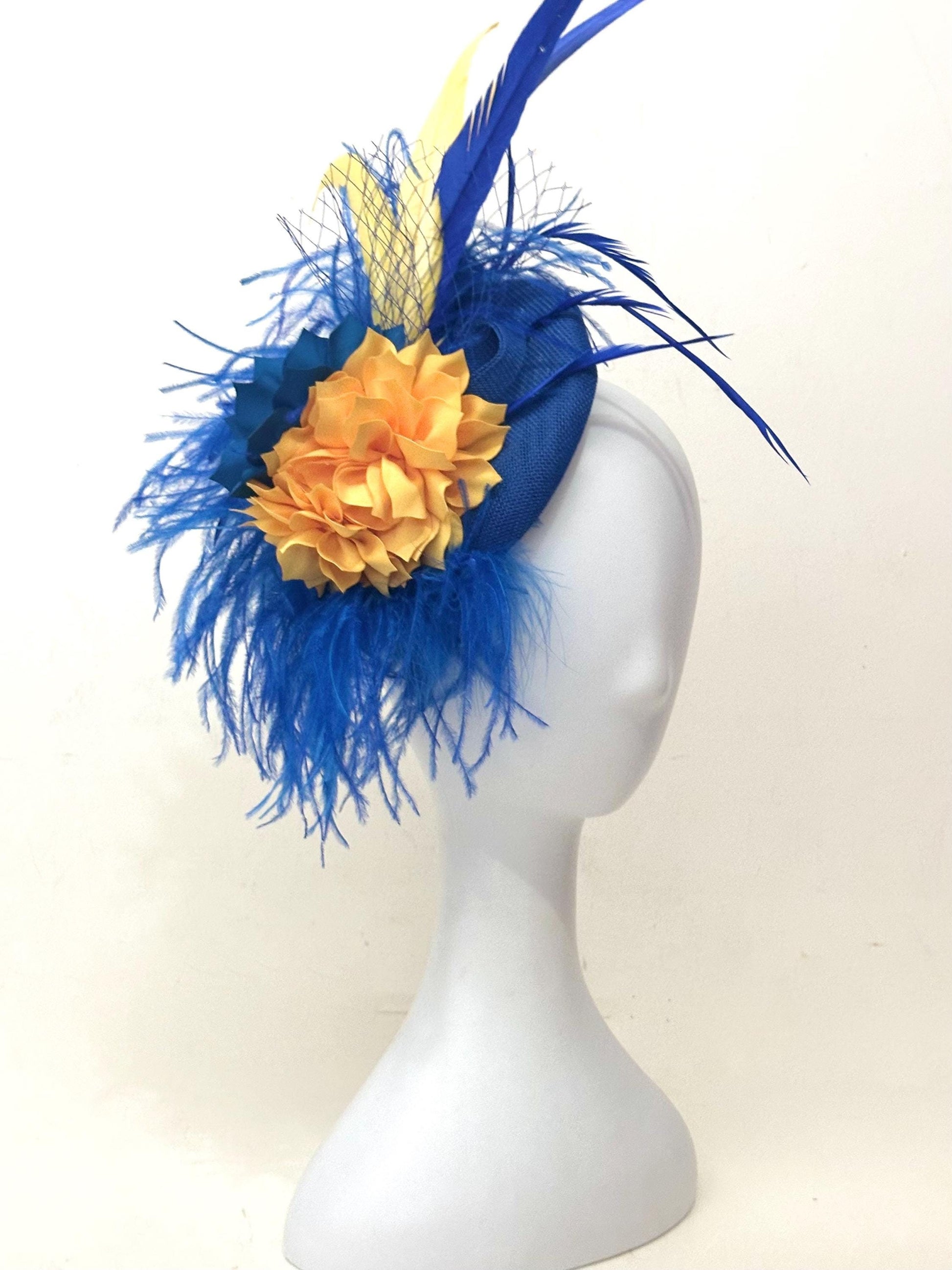 Blue Gold Feather Fascinator Hat