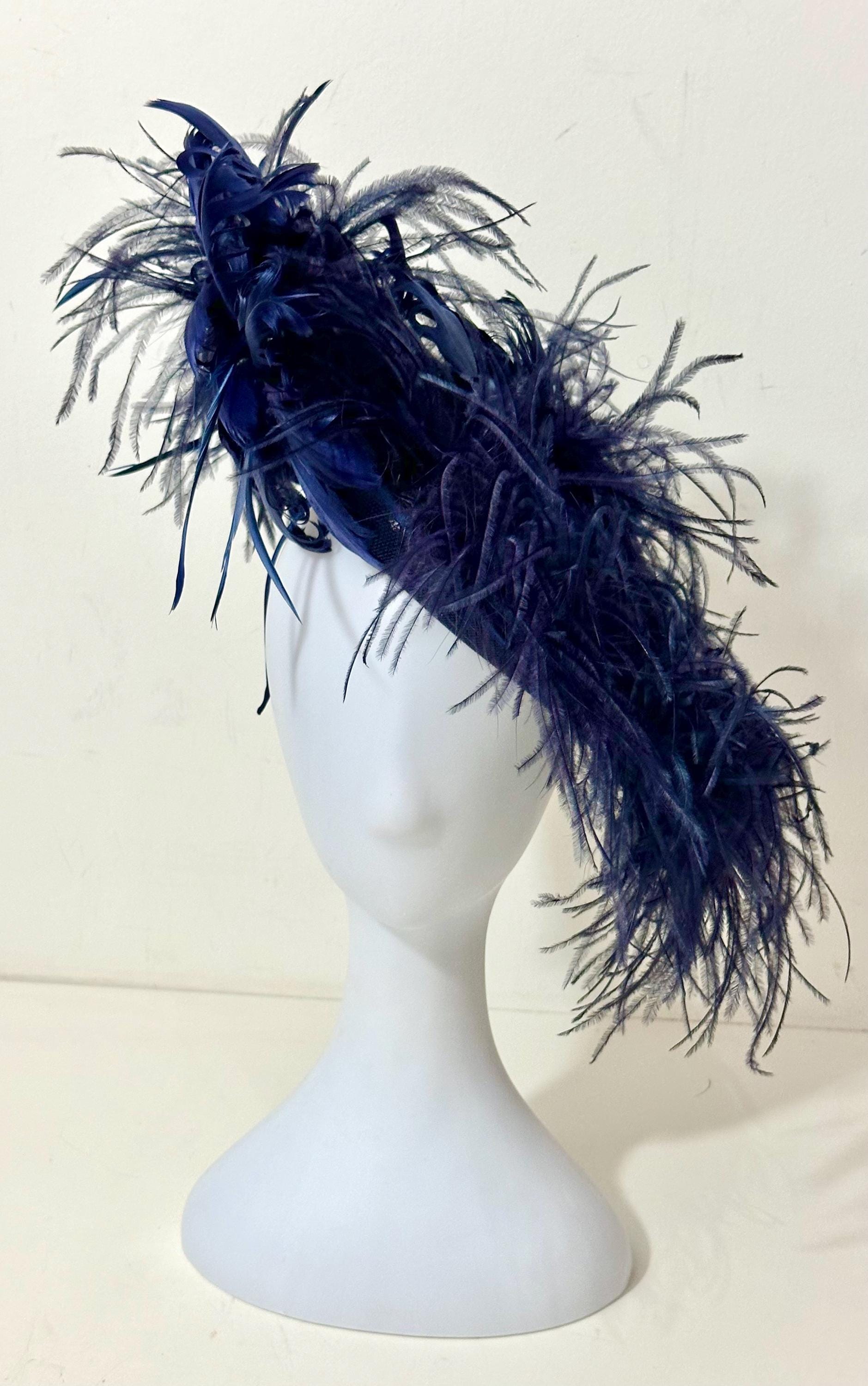 Navy Fascinator Hat, Blue Wedding Fascinate Hat, Navy Blue Feather Hat, Church Hat, Navy Feather Fascintor Ascot Hat, High Tea Party Hat