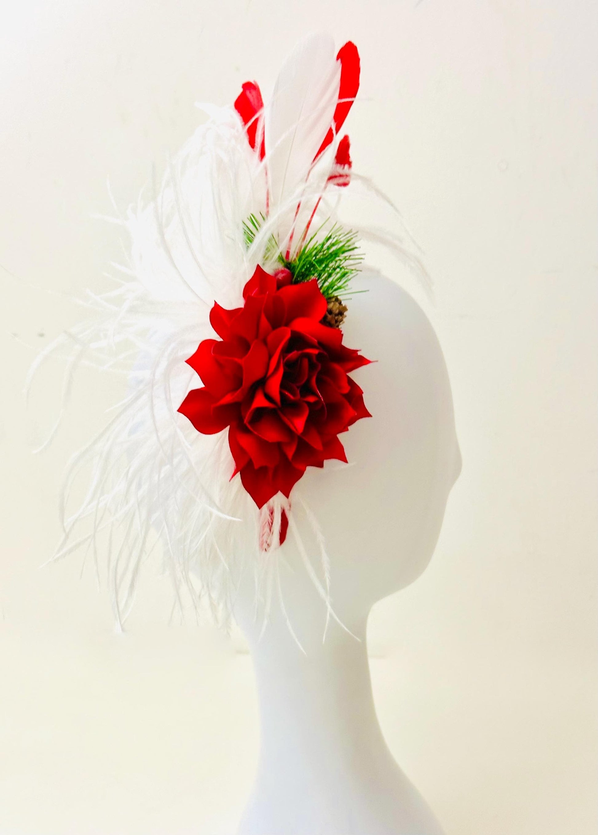 Christmas Fascinator Headband, Christmas Headband,Feather Padded Headband, Red Velvet Fascinator,Church Wedding Red White Christmas Headband