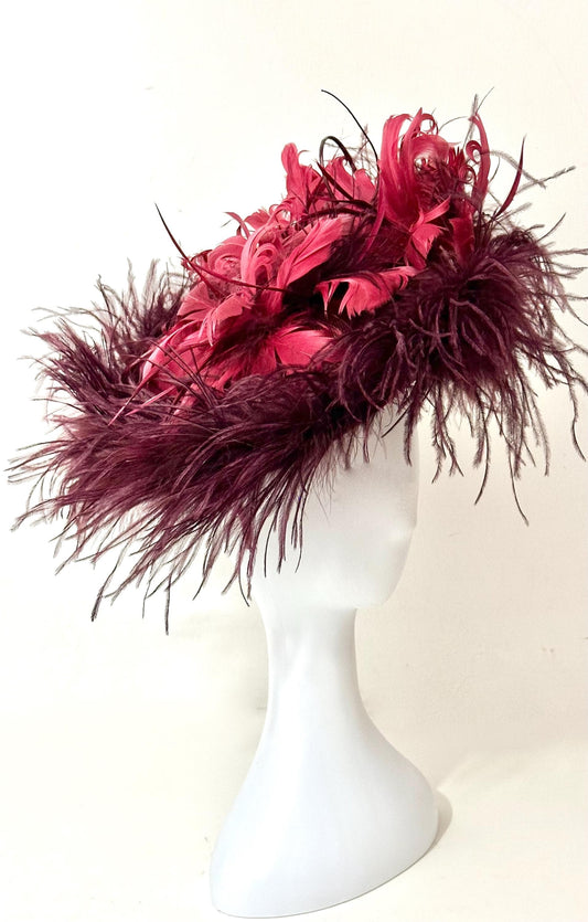 Burgundy Fascinator Hat, Dark Red Wine Fascinator Hat, Couture Feather Hat, Burgundy Wine Christmas Fascinator Church Hat, Derby Hat