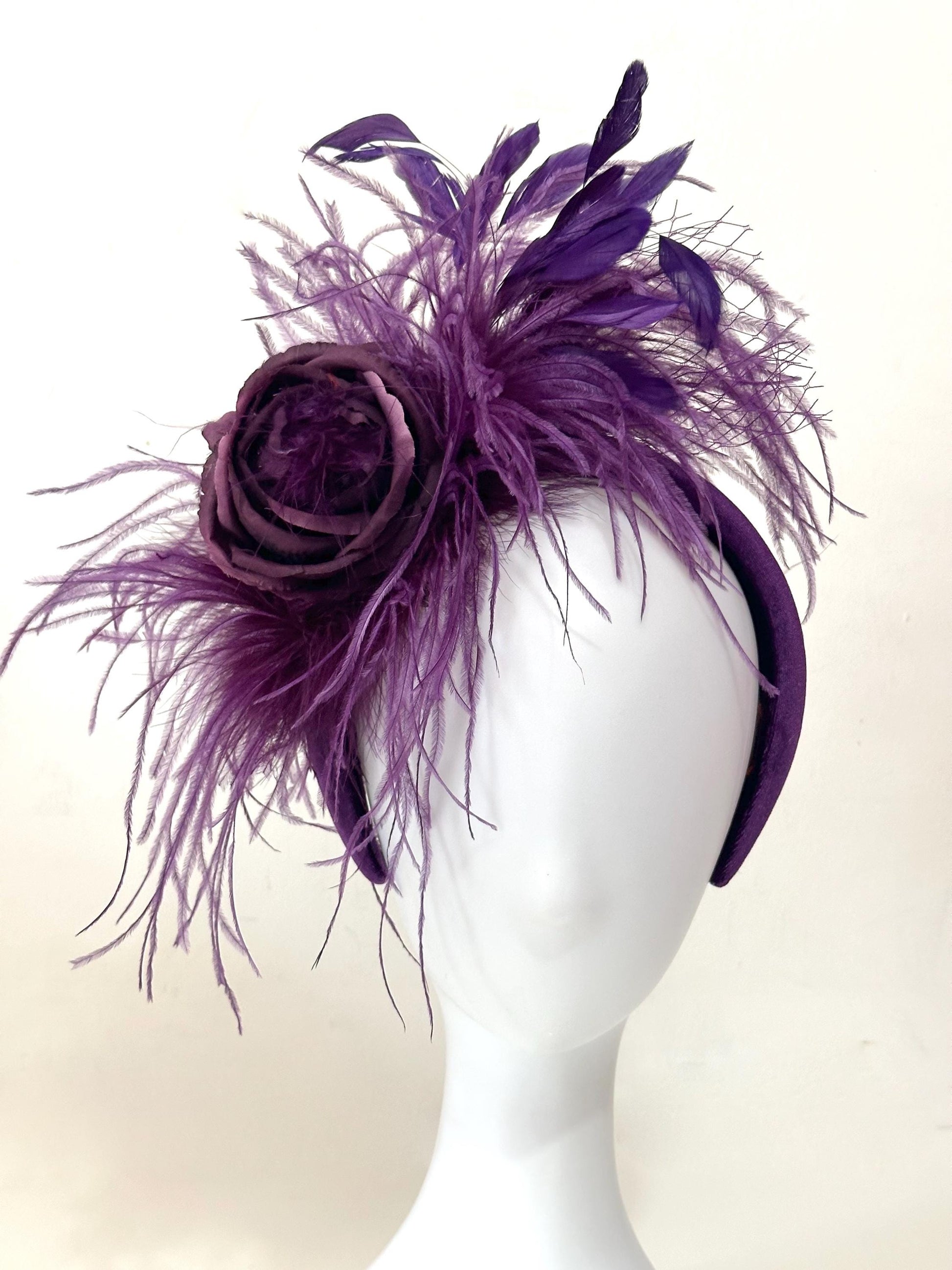 Purple Fascinator Hat, Purple Feather Headband, Wedding Fascinate, Church Hat, Derby Fascinate for Women,Custom Feather Flower Veil Headband