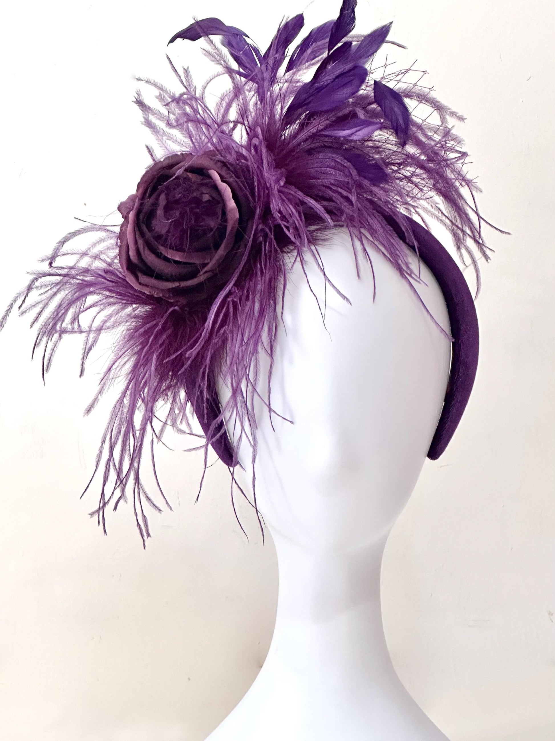 Purple Fascinator Hat, Purple Feather Headband, Wedding Fascinate, Church Hat, Derby Fascinate for Women,Custom Feather Flower Veil Headband