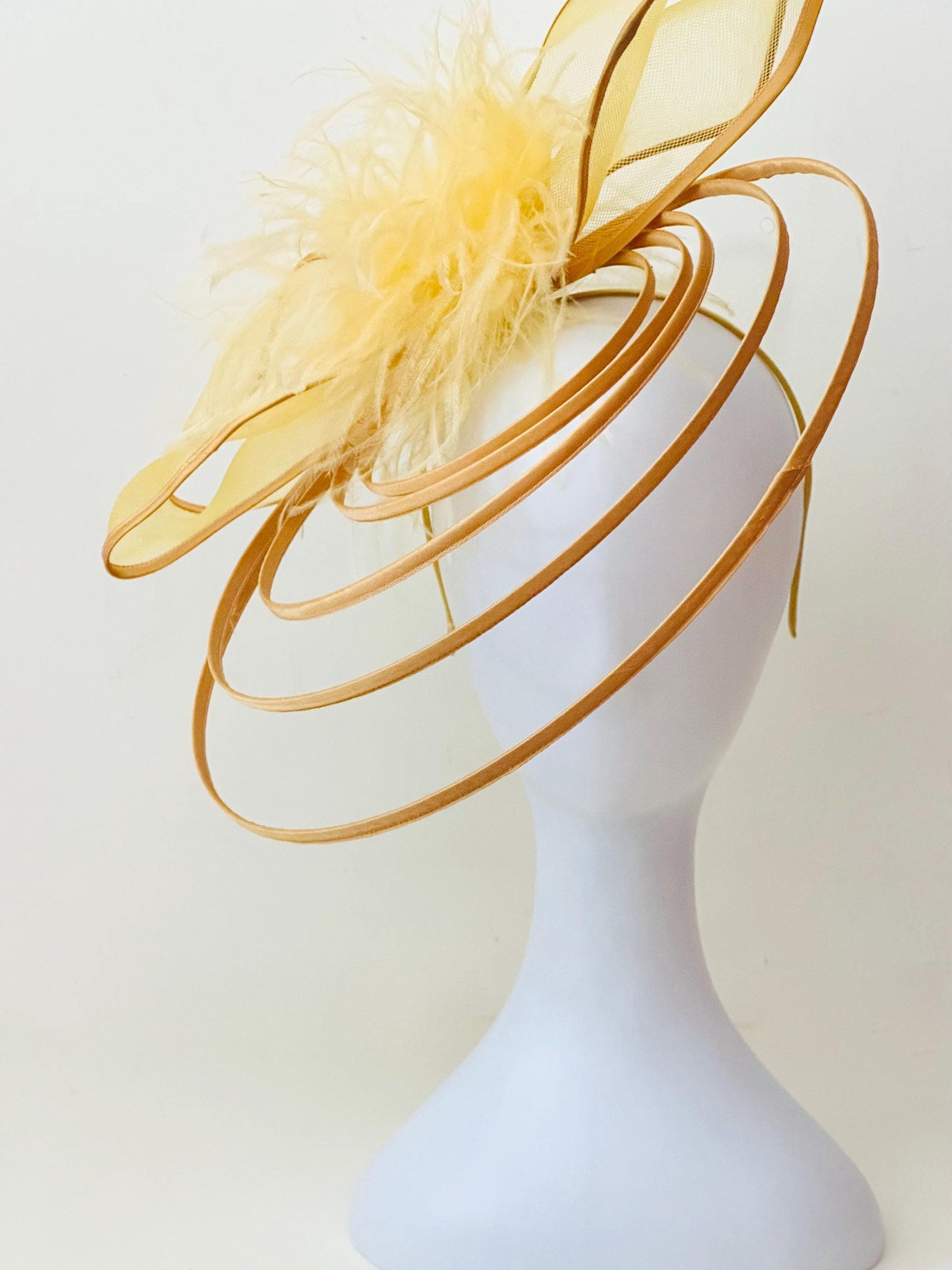 Bow Fascinator Headband, Black Feather Spiral Headband White, Bronze, Golden Yellow Bow Fascinator Headband, Modern Artist Hat