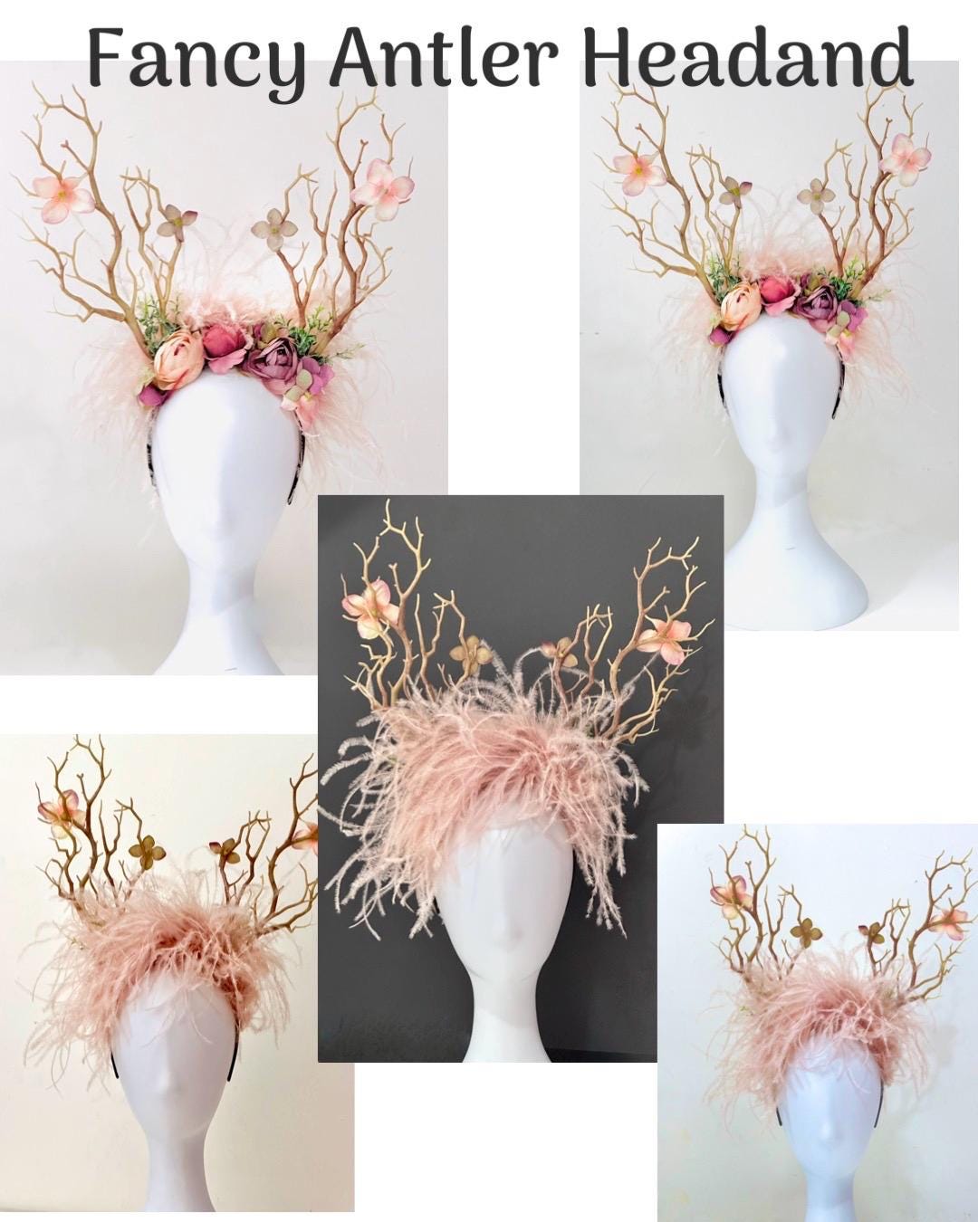 Antler Headband, Christmas Headband, Bespoke Headband, Antler Christmas Fascinator Headband, Dusty Rose Feather Antler Christmas Headband