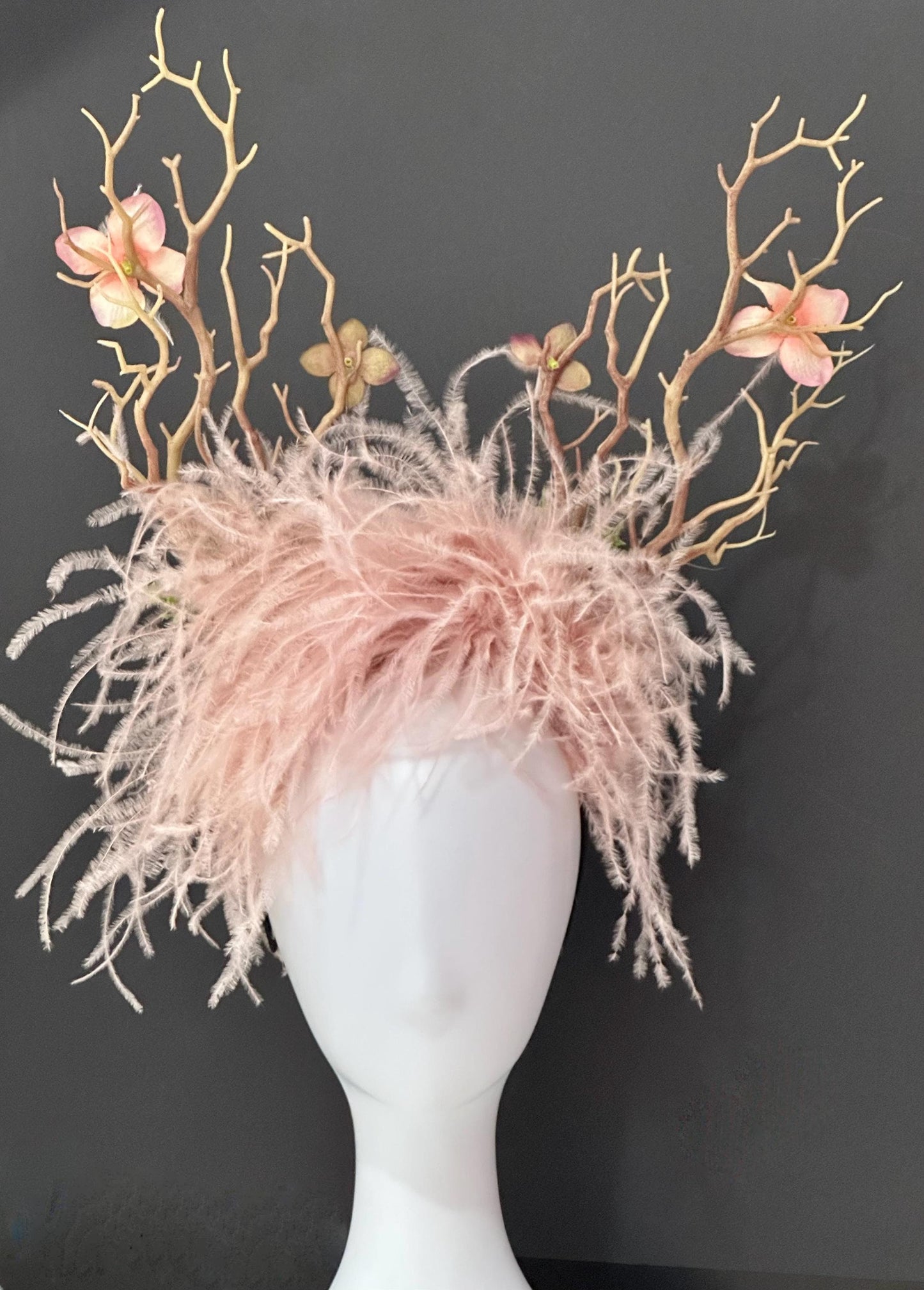 Antler Headband Fascinator, Dusty Rose Feather Flower Antler Headband