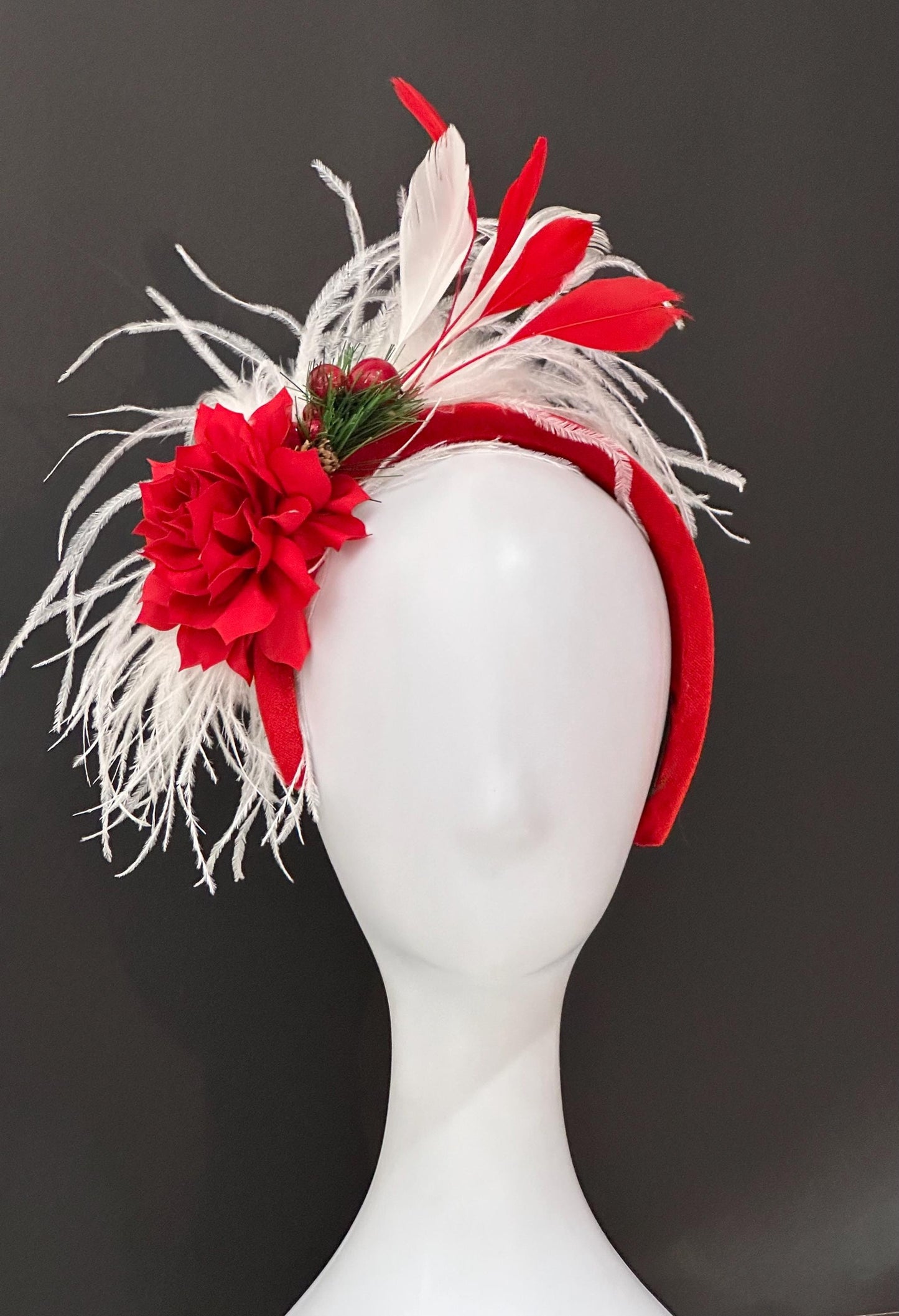 Christmas Headband, Red White Feather Christmas Holly On Red Velvet Padded headband. 
Double Sided Bespoke Headband