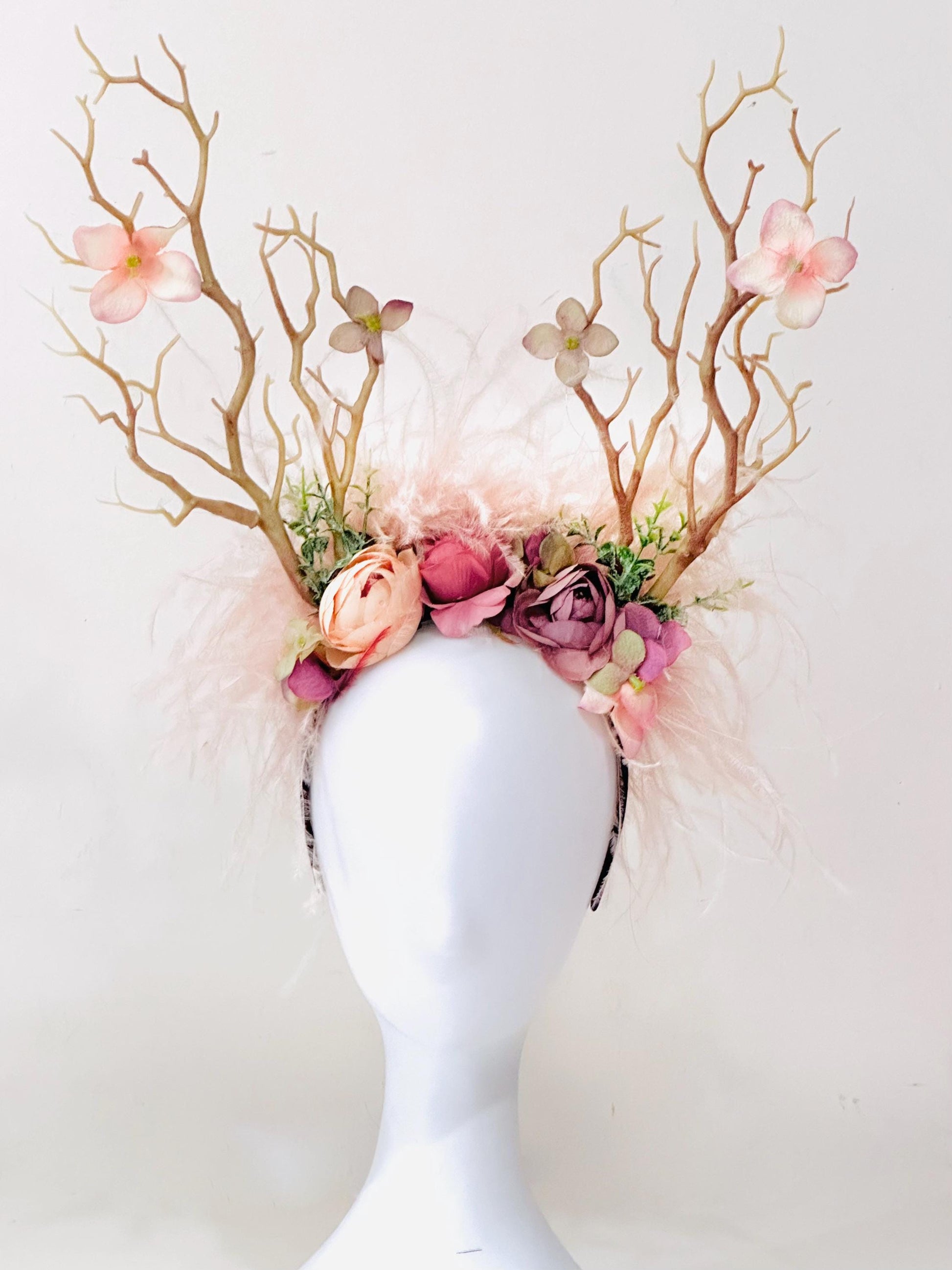 Antler Headband, Christmas Headband, Bespoke Headband, Antler Christmas Fascinator Headband, Dusty Rose Feather Antler Christmas Headband