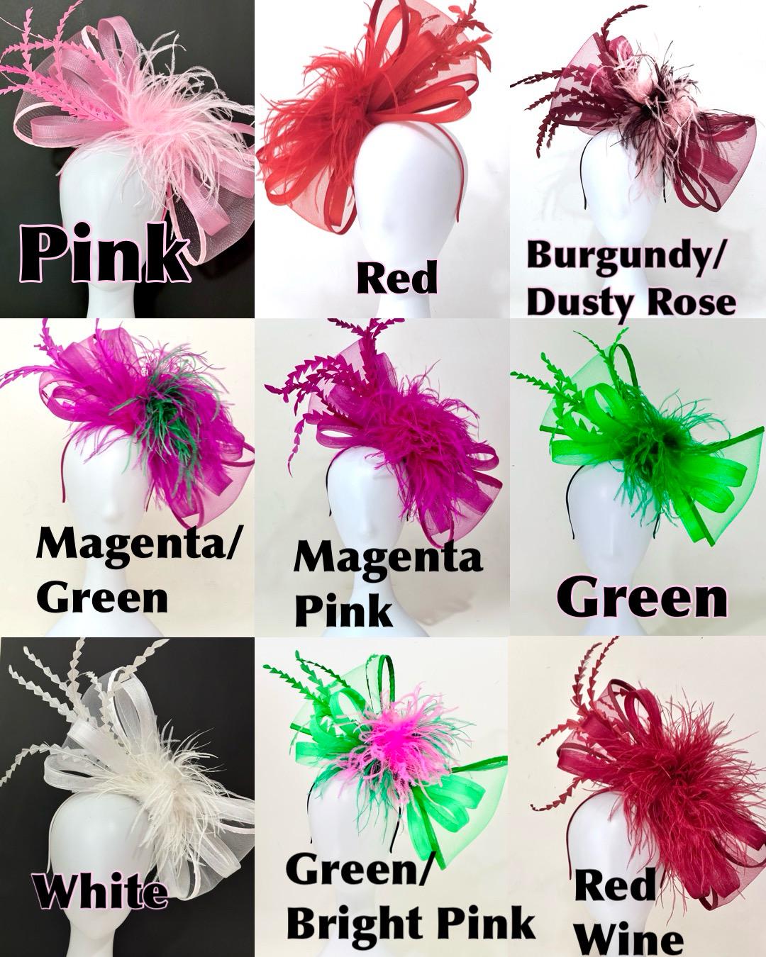 Pink Hot Pink Bow Fascinator, Big Bow Feather Headband, Kentucky Derby Hat, Wedding Bow Fascinator Headband,Magenta Pink Green White Bow Hat