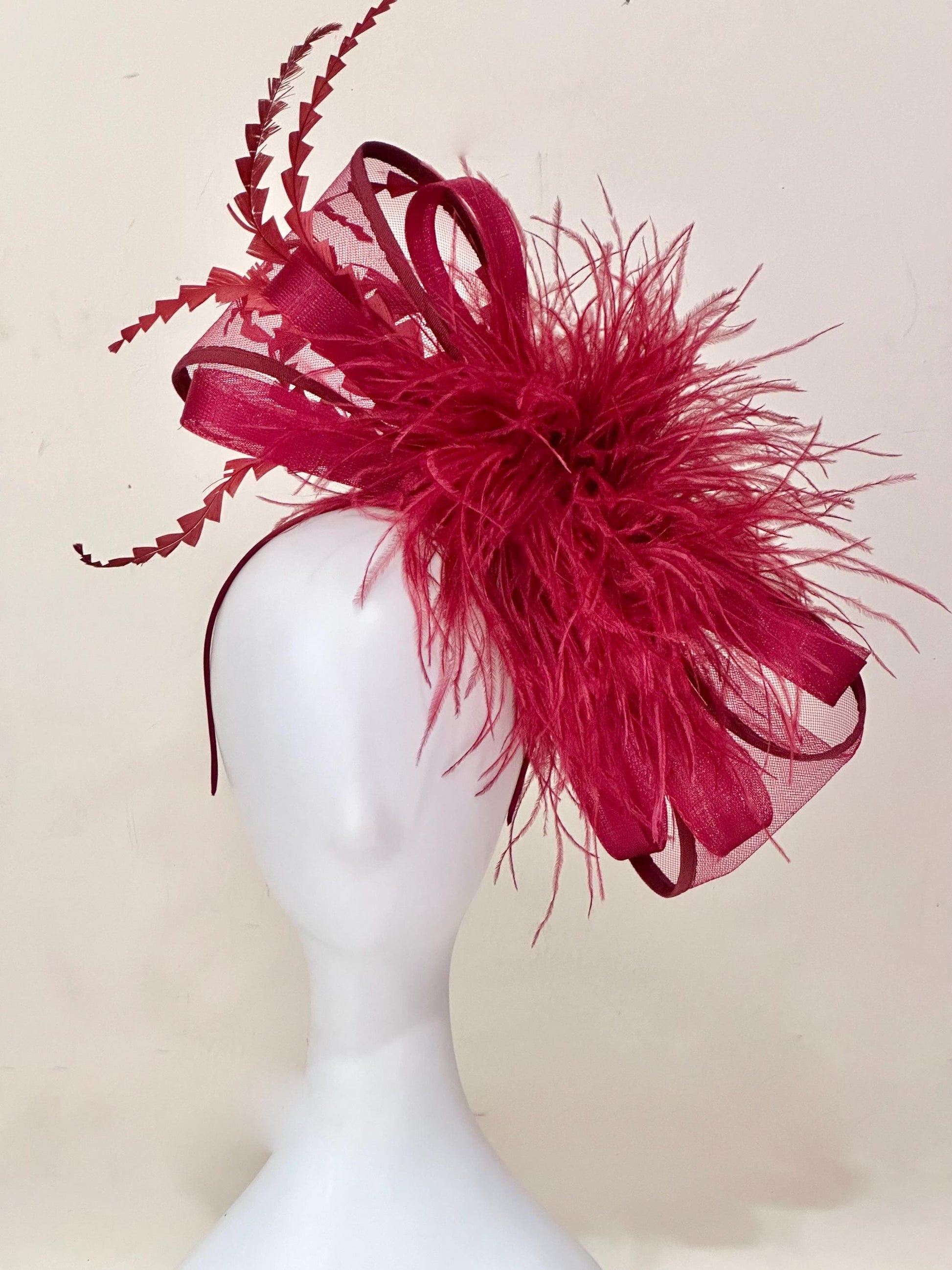 Red Wine Feather Big Bow Fascinator Headband