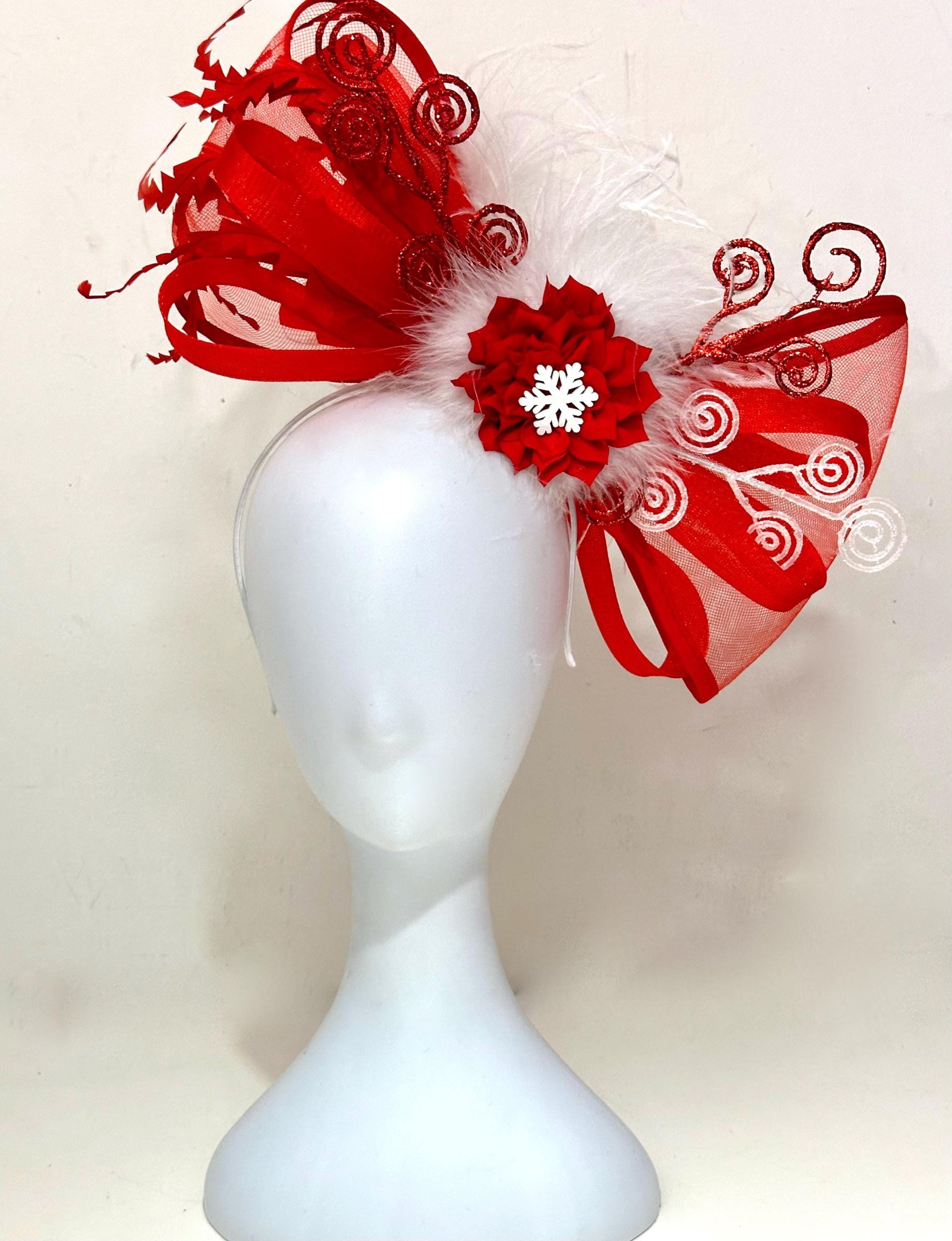 Christmas Fascinator Headband, Red Christmas Headband Fascinator, Snowflake Headband, Red Fascinate Headband, Red Bow Bespoke Headband