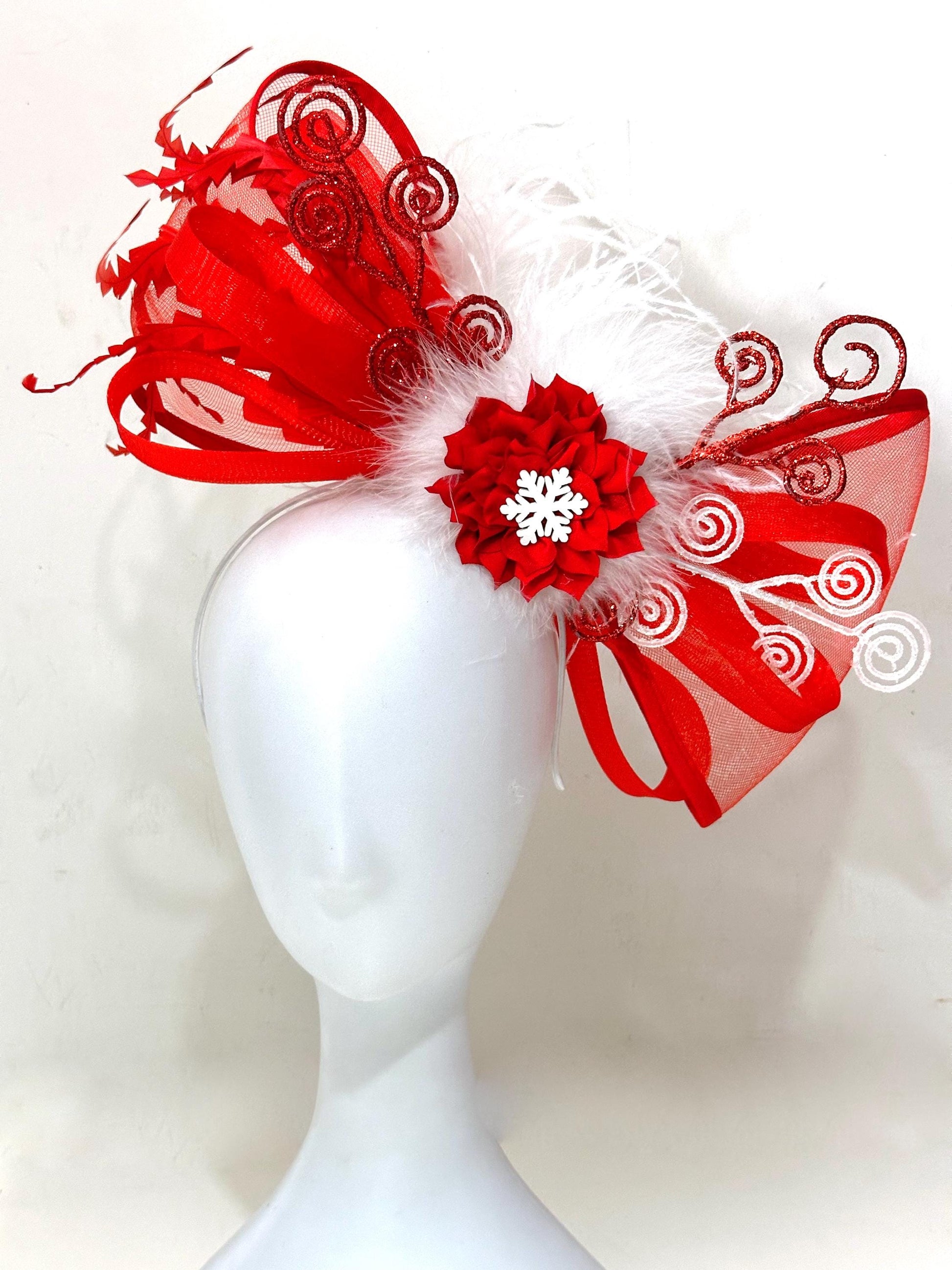 Christmas Fascinator Headband, Red Christmas Headband Fascinator, Snowflake Headband, Red Fascinate Headband, Red Bow Bespoke Headband