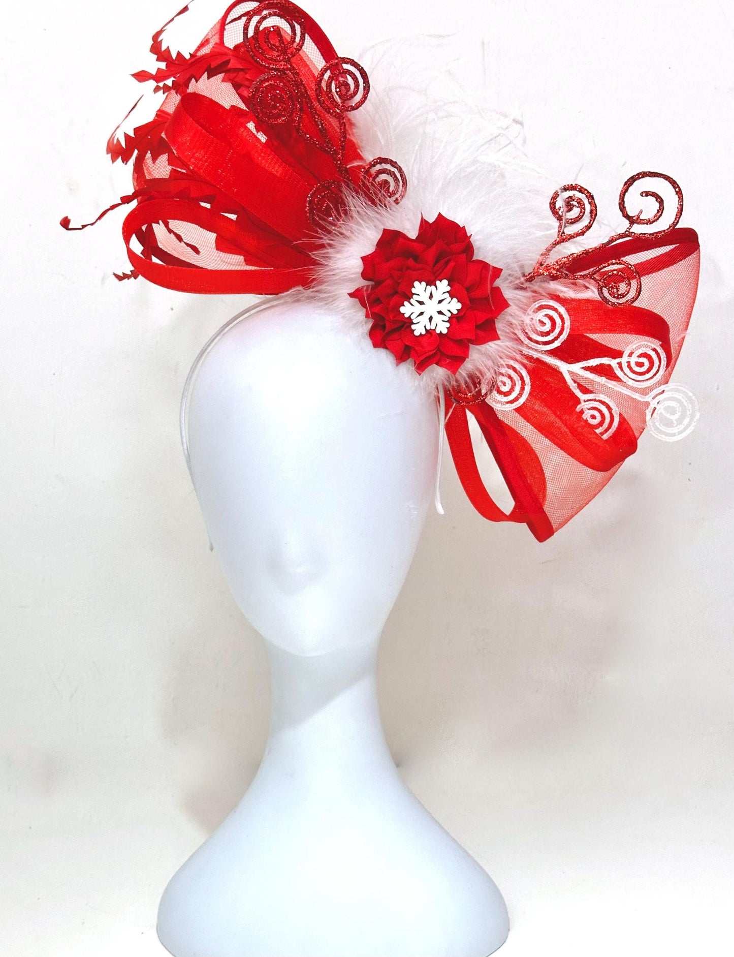 Christmas Headband Fascinate, Red White Bow Snowflake Feather    Headband , BeSpoke Headband,  Fancy Christmas Bow Headband