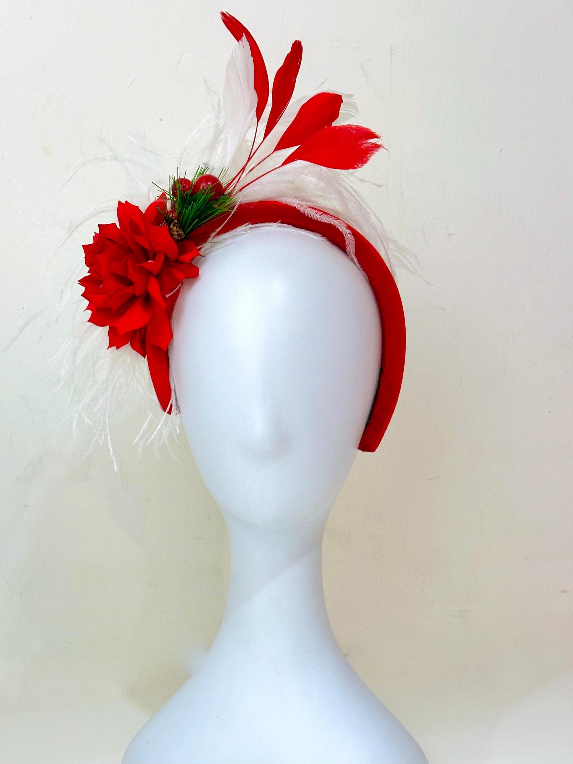 Christmas Fascinator Headband, Christmas Headband,Feather Padded Headband, Red Velvet Fascinator,Church Wedding Red White Christmas Headband