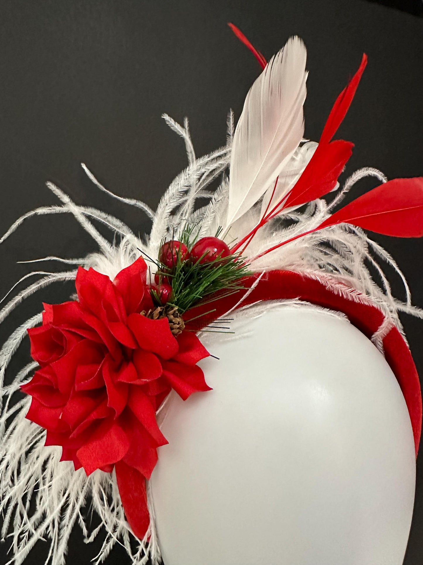 Christmas Fascinator Headband, Christmas Headband,Feather Padded Headband, Red Velvet Fascinator,Church Wedding Red White Christmas Headband