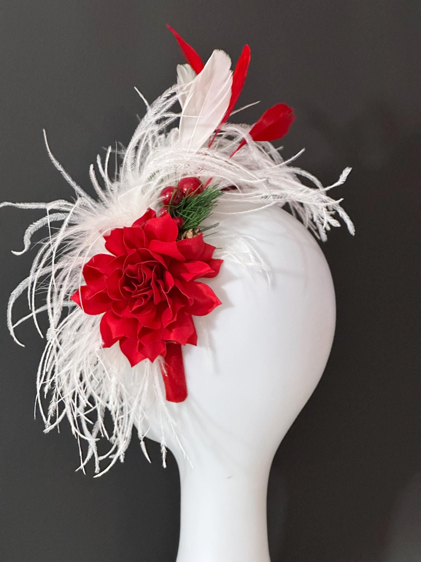 Christmas Fascinator Headband, Christmas Headband,Feather Padded Headband, Red Velvet Fascinator,Church Wedding Red White Christmas Headband