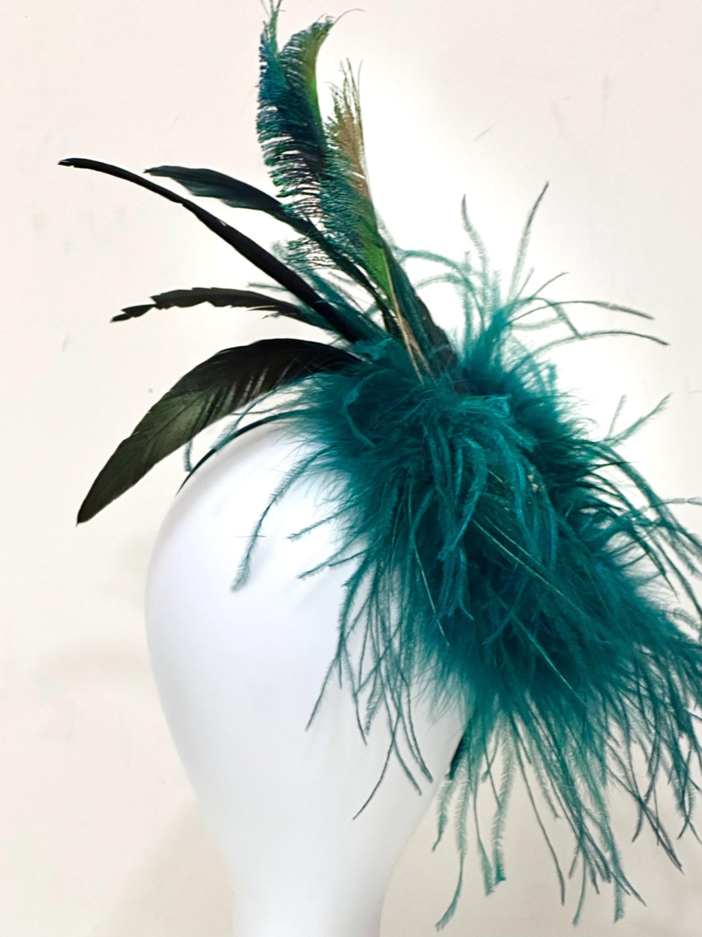 Teal Gold Crystal Fascinator Hat Headband, Wedding Fascinator Hat, Peacock Sphere Ostrich Feather Turquoise Crystal Hat, Church Wedding Hat