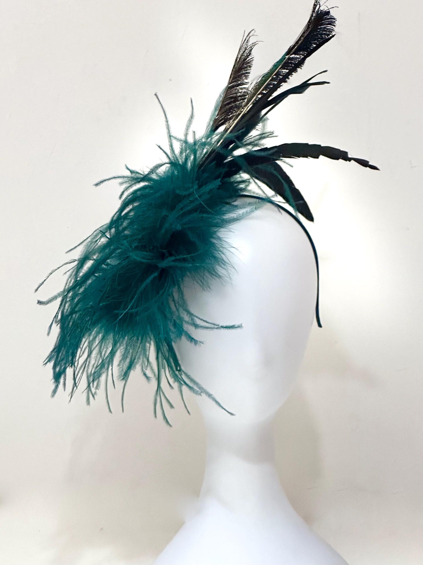 Teal Gold Crystal Fascinator Hat Headband, Wedding Fascinator Hat, Peacock Sphere Ostrich Feather Turquoise Crystal Hat, Church Wedding Hat