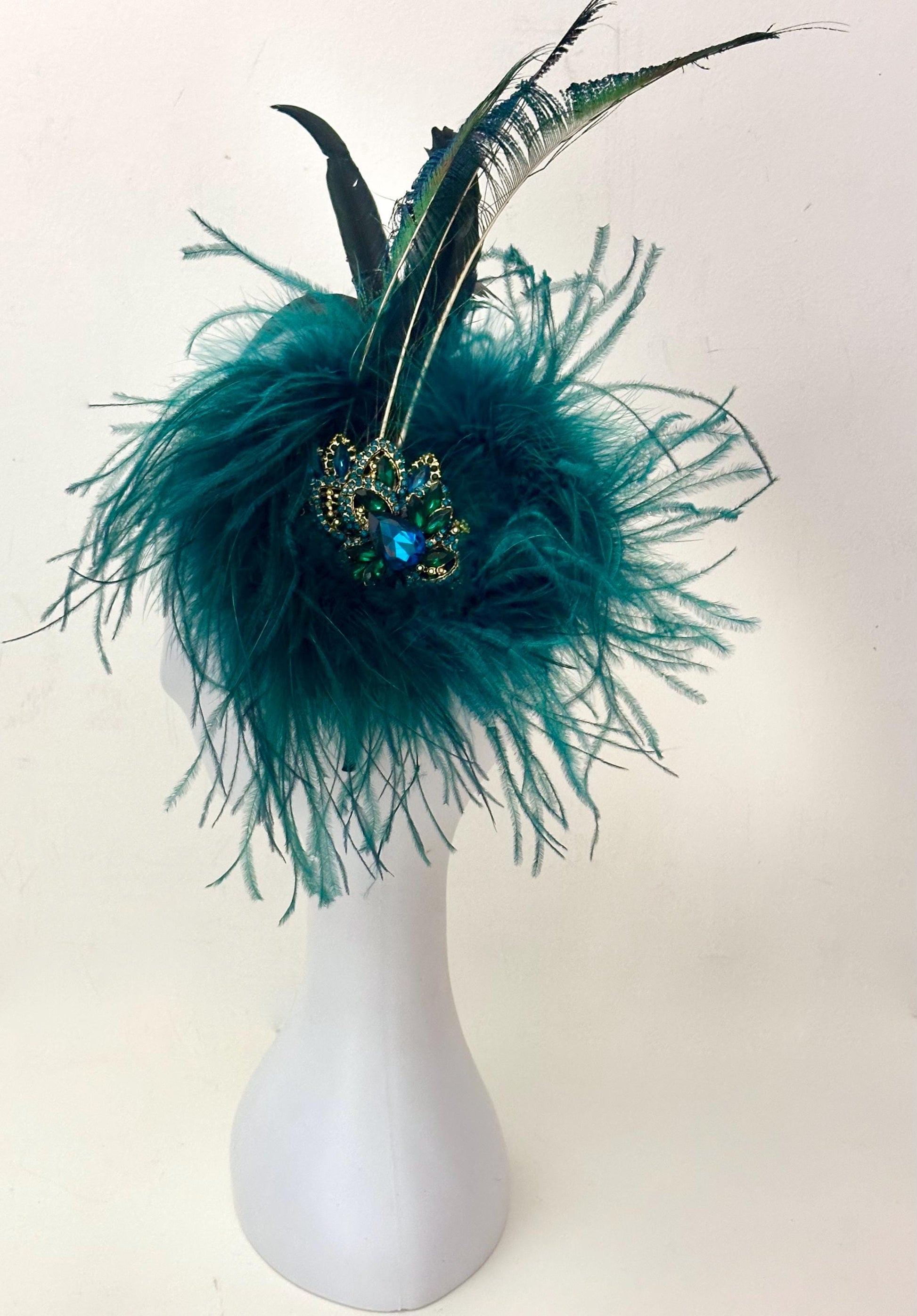 Teal Gold Crystal Fascinator Hat Headband, Wedding Fascinator Hat, Peacock Sphere Ostrich Feather Turquoise Crystal Hat, Church Wedding Hat