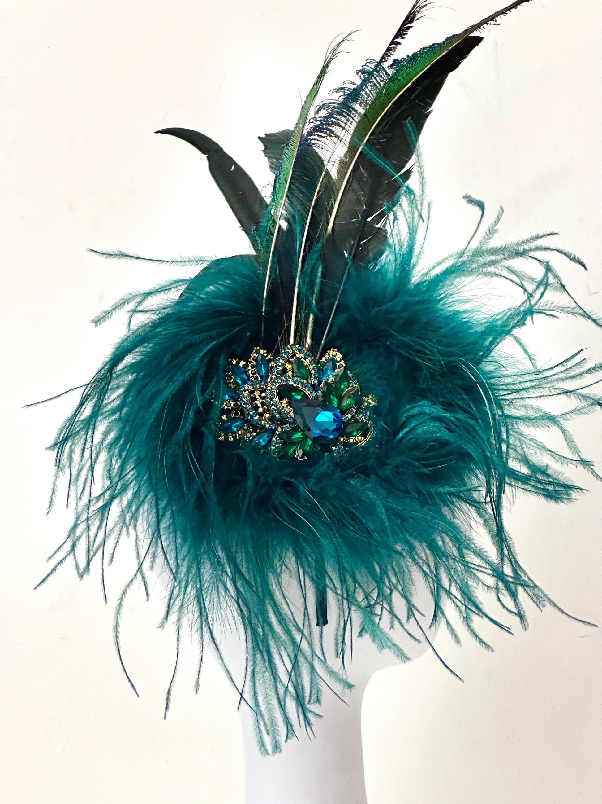 Teal Gold Crystal Fascinator Hat Headband, Wedding Fascinator Hat, Peacock Sphere Ostrich Feather Turquoise Crystal Hat, Church Wedding Hat