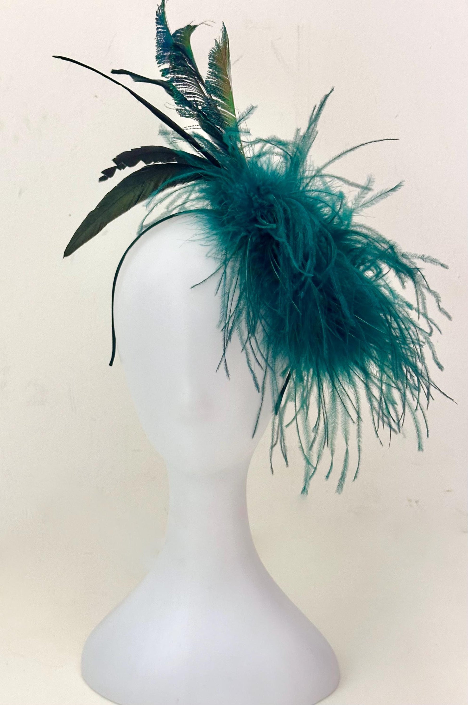 Peacock Feather Gold Teal Crystal Fascinator Hat Headband