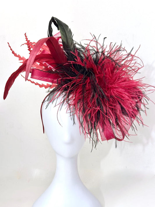 Burgundy Fascinator Headband, Bow Fascinator Feather Headband, Christmas Fascinator Hat, Church Wedding Hat, Burgundy Wine Black Feather Hat