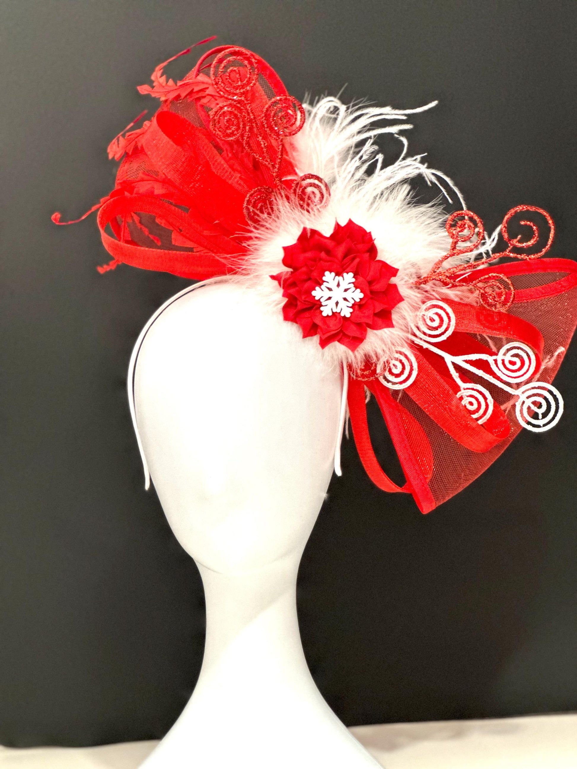 Christmas Fascinator Headband, Big Red Bow, White Feather, Snowflake Christmas Decor