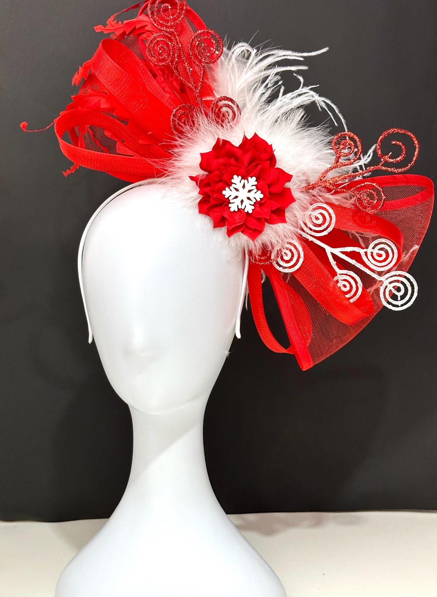 Christmas Fascinator Headband, Red Christmas Headband Fascinator, Snowflake Headband, Red Fascinate Headband, Red Bow Bespoke Headband