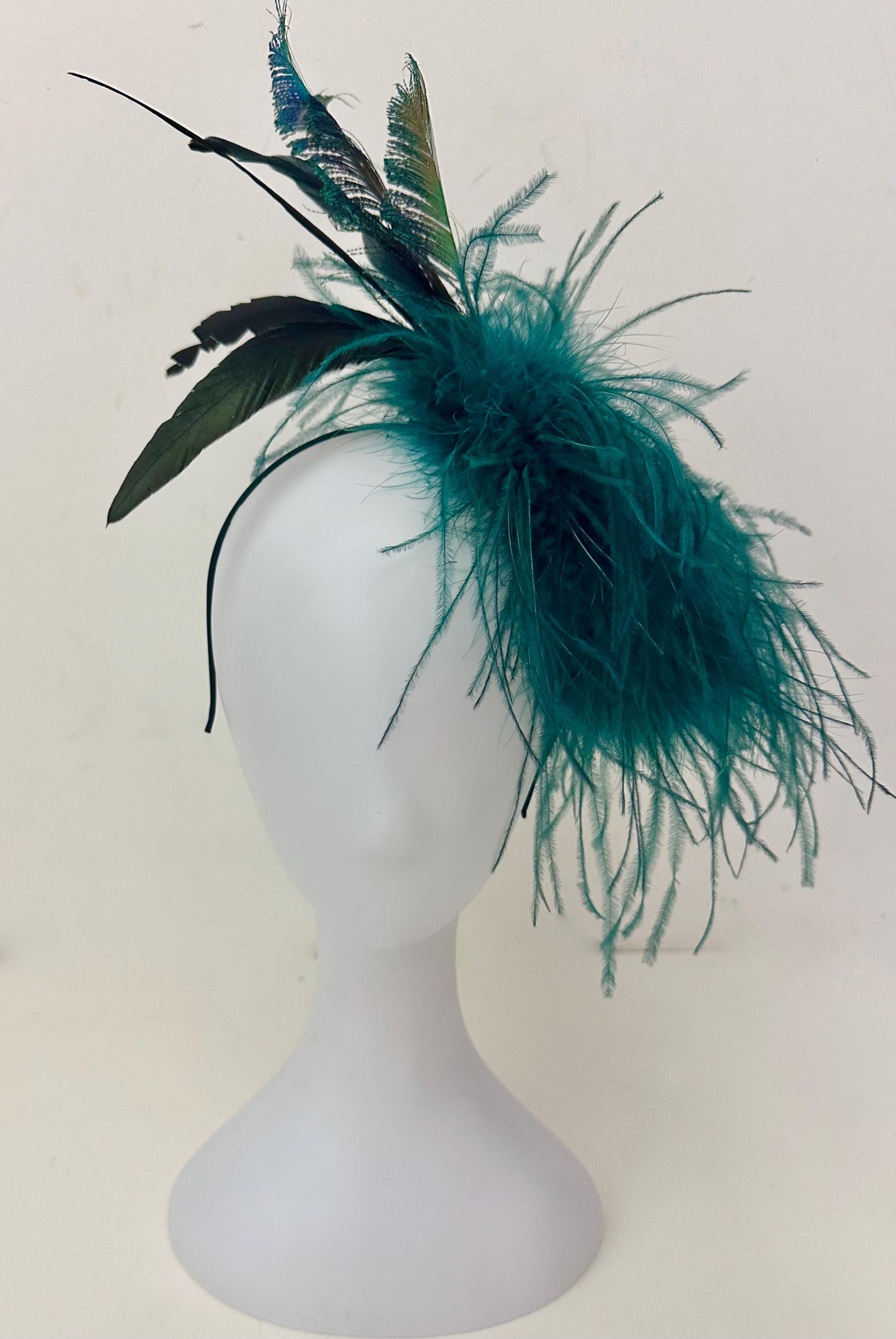 Teal Gold Crystal Fascinator Hat Headband, Wedding Fascinator Hat, Peacock Sphere Ostrich Feather Turquoise Crystal Hat, Church Wedding Hat